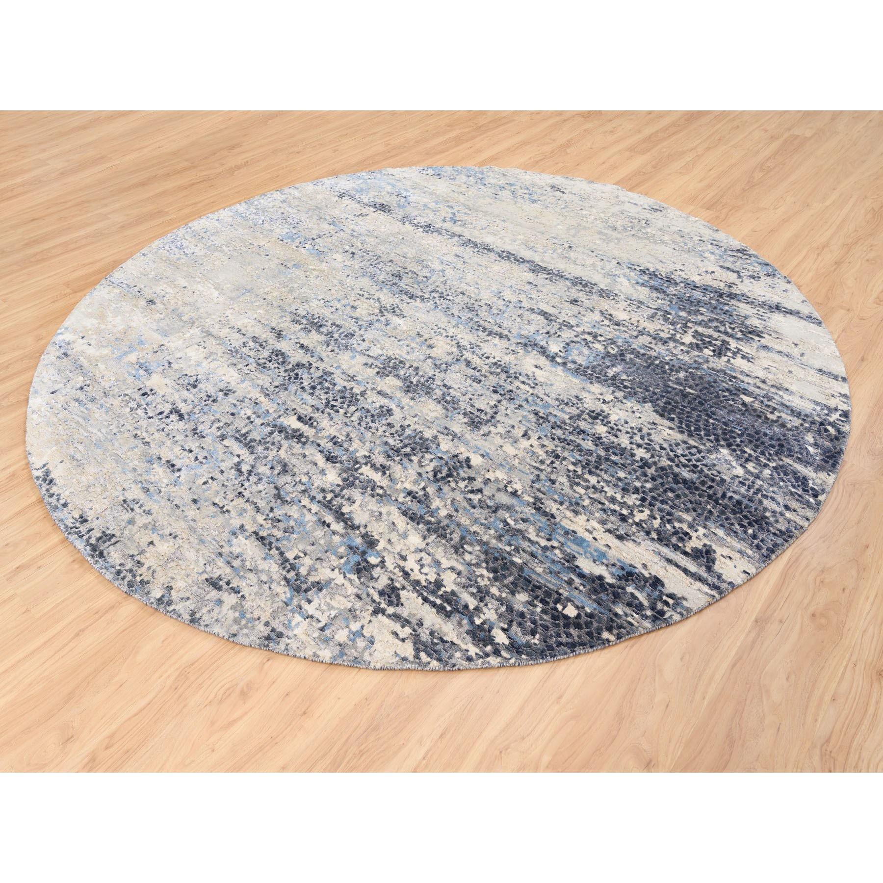 Indien Tapis carré en laine et soie bleu abstrait avec design mosaïque noué à la main 10'x10'. en vente