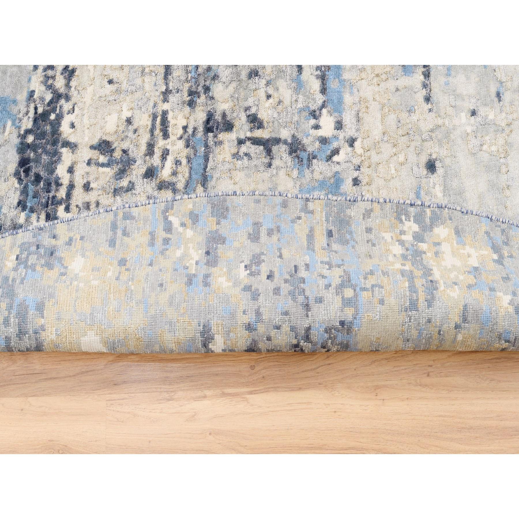 Noué à la main Tapis carré en laine et soie bleu abstrait avec design mosaïque noué à la main 10'x10'. en vente