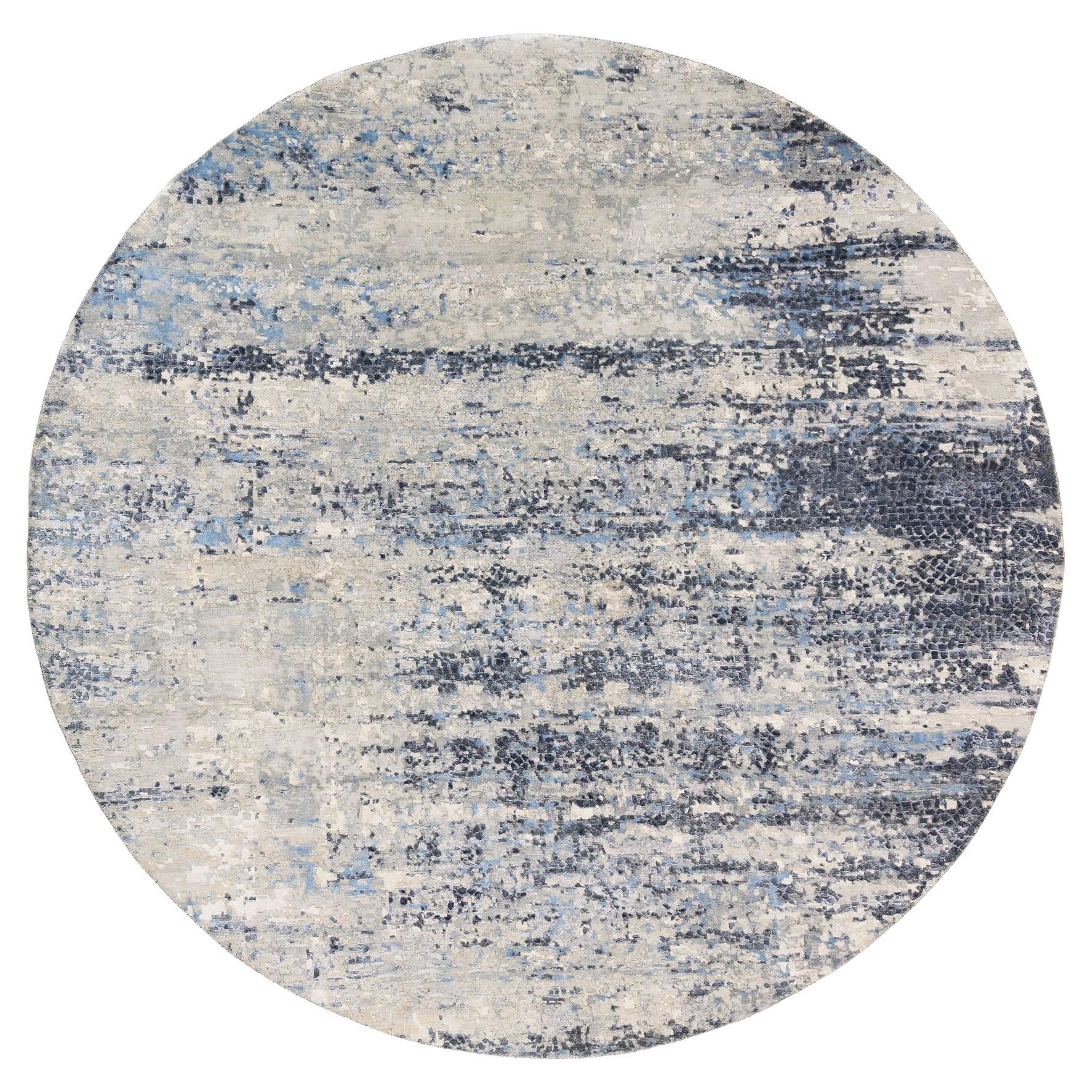 10'x10' Wool and Silk Blue Abstract with Mosaic Design Hand Knotted Square Rug
