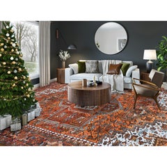 10'x12' Arancione Bruciato Vintage Persiano Heriz Annodato a Mano in Pura Lana Tappeto Orientale