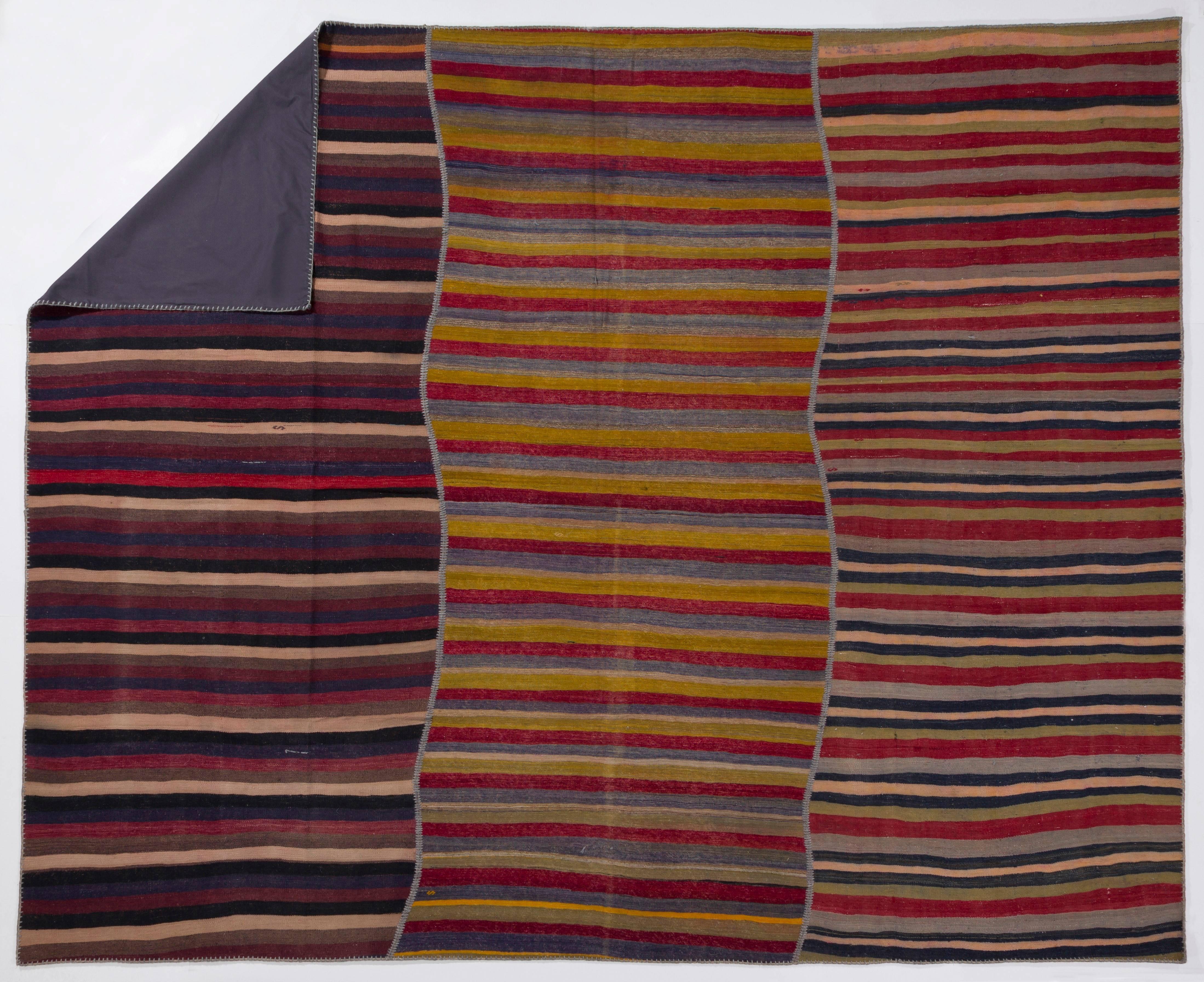 10x12 Ft Vintage Turkish Banded Kilim Rug, Handwoven in 3 Panels In Good Condition In Philadelphia, PA