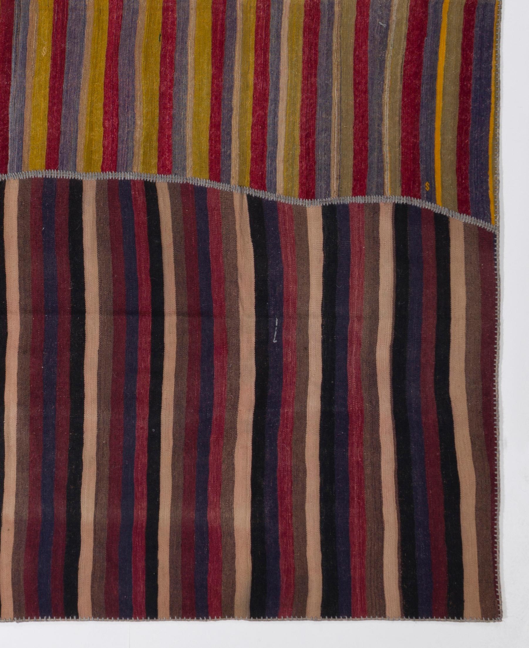 Cotton 10x12 Ft Vintage Turkish Banded Kilim Rug, Handwoven in 3 Panels