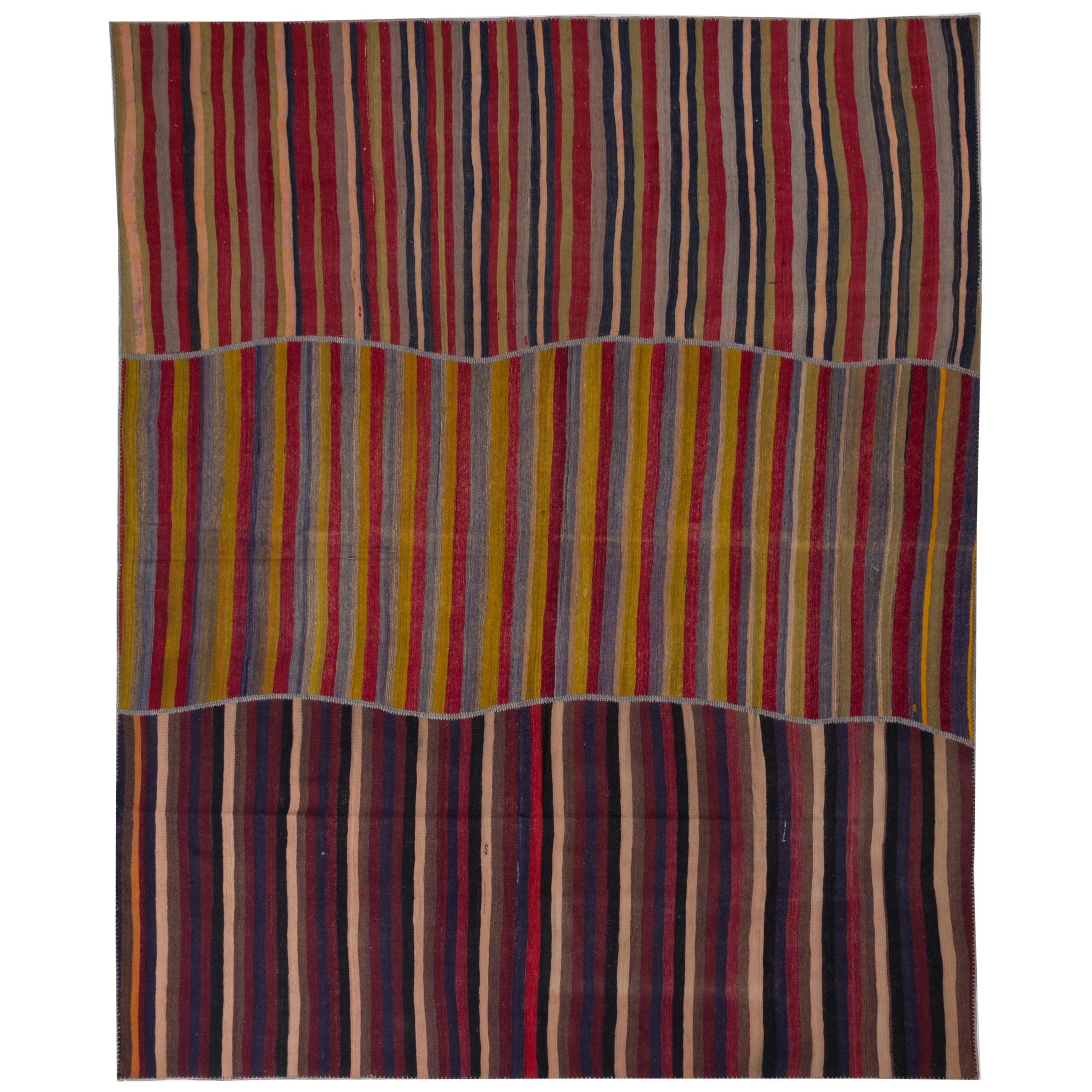 10x12 Ft Vintage Turkish Banded Kilim Rug, Handwoven in 3 Panels