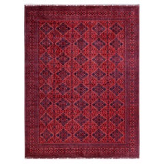 Tappeto rosso afghano Khamyab con motivo geometrico in lana morbida annodato a mano 10'x12'10