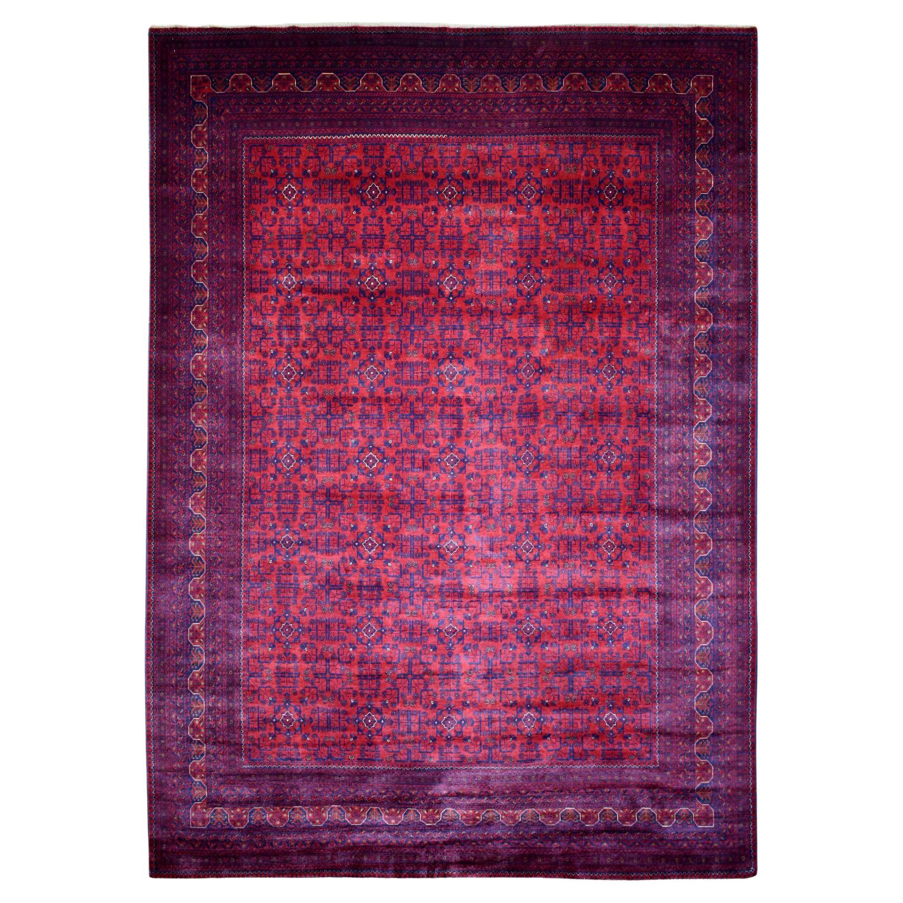 10
x12
10" Red Hand Knotted Soft Shiny Wool Afghan Khamyab Geometric Design Rug For Sale