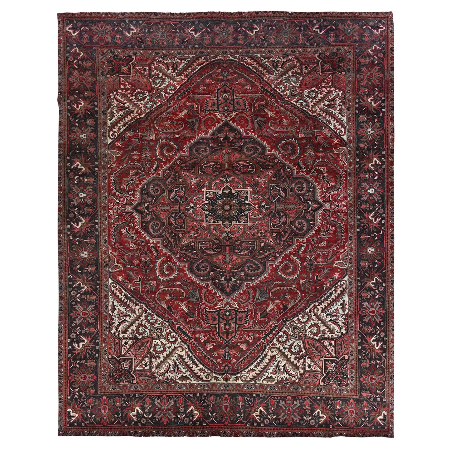 10'x12'3" Berry Red Vintage and Worn Persian Heriz Hand Knotted Pure Wool Rug