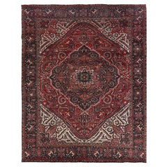 10'x12'3" Berry Red Vintage and Worn Persian Heriz Hand Knotted Pure Wool Rug