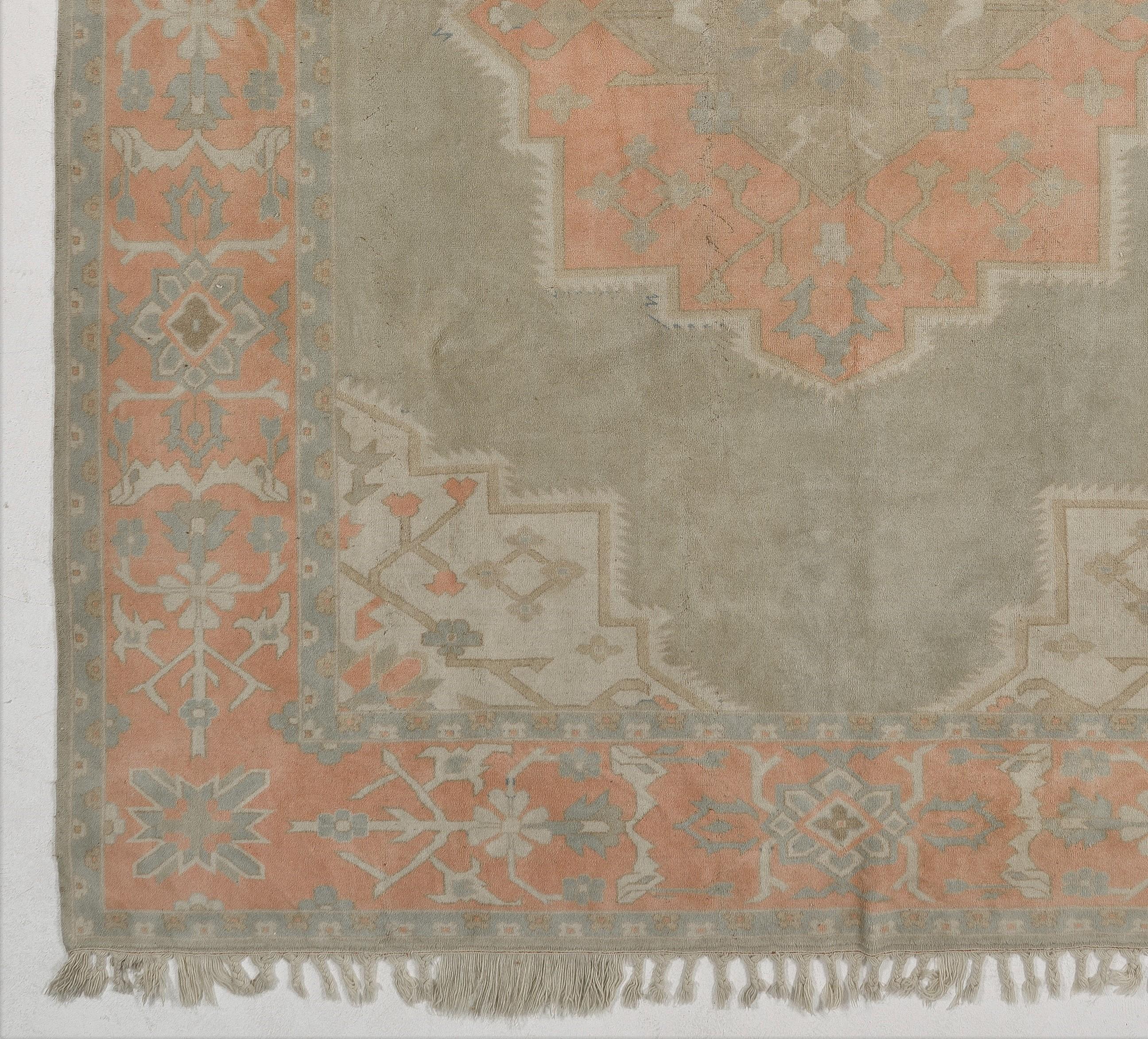 Turkish 10x12.4 Ft Midcentury One-of-a-Kind Oushak Wool Rug in Soft Colors, Natural Dyes For Sale