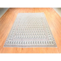 10'x12'5" Ivory Vintage Persian Kashan Paisley Design Soft Wool Hand Knotted Rug