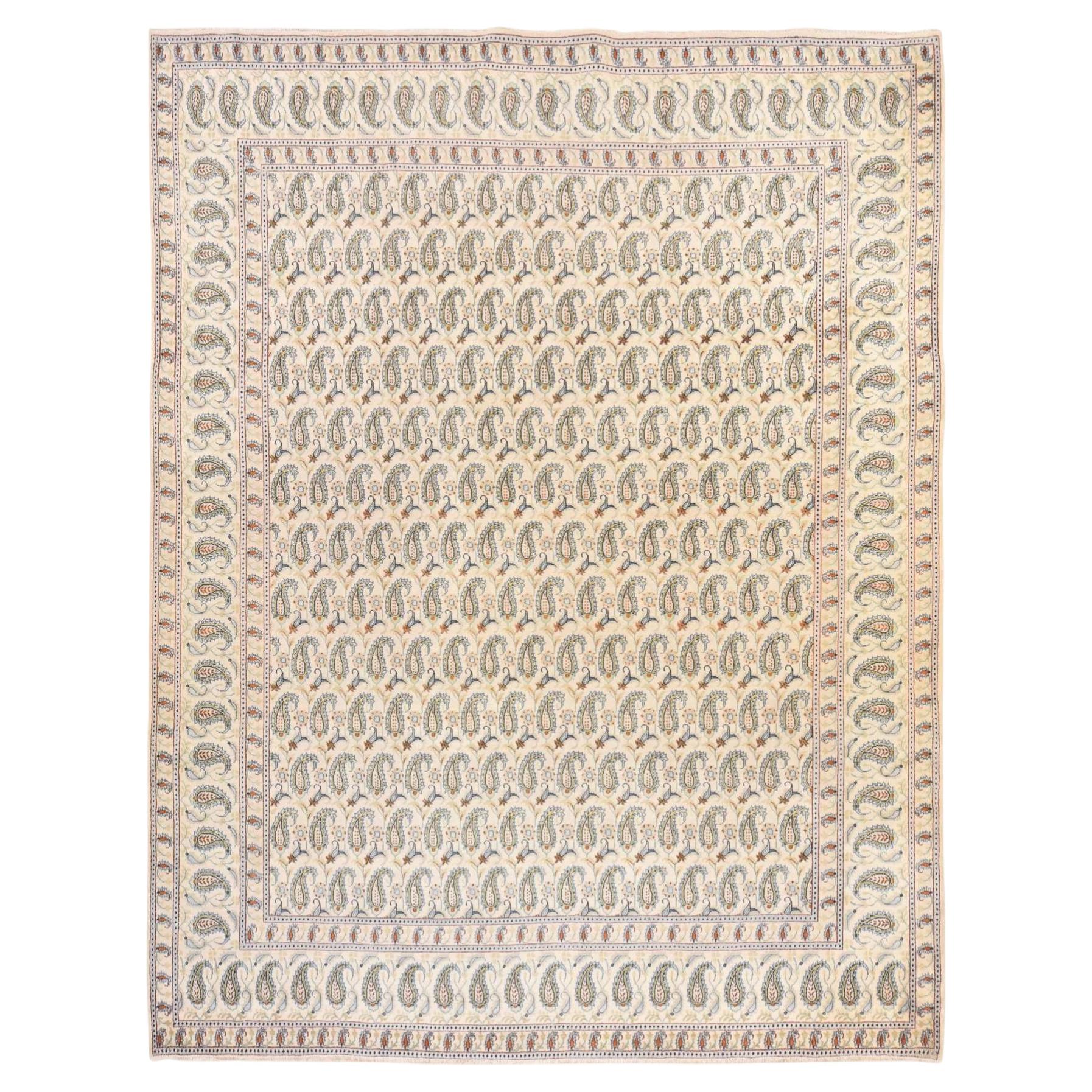 10'x12'5" Ivory Vintage Zoroastrian Paisley Design Soft Wool Hand Knotted Rug