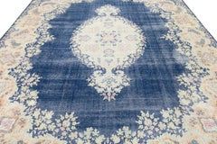 10x13 Antique Persian Kerman Rug - Large Floral Medallion - Navy & Cream