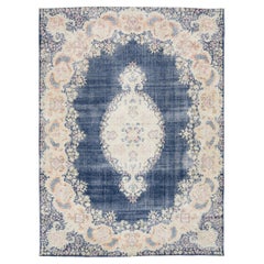 10x13 Antique Persian Kerman Rug - Large Floral Medallion - Navy & Cream