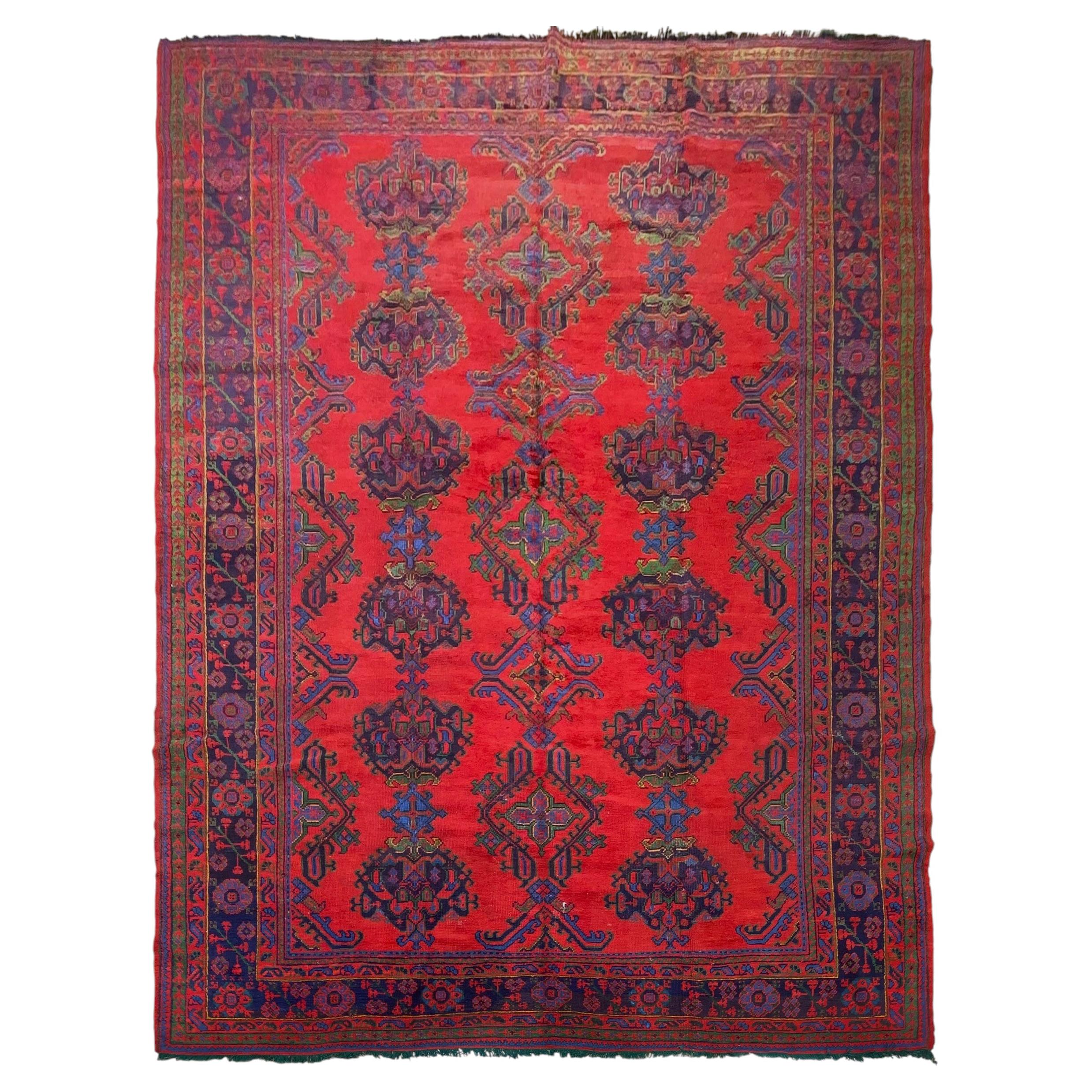 Tapis Oushak turc ancien, 10x13, motifs géométriques, noué à la main, 312 cm x 401 cm, vers 1930