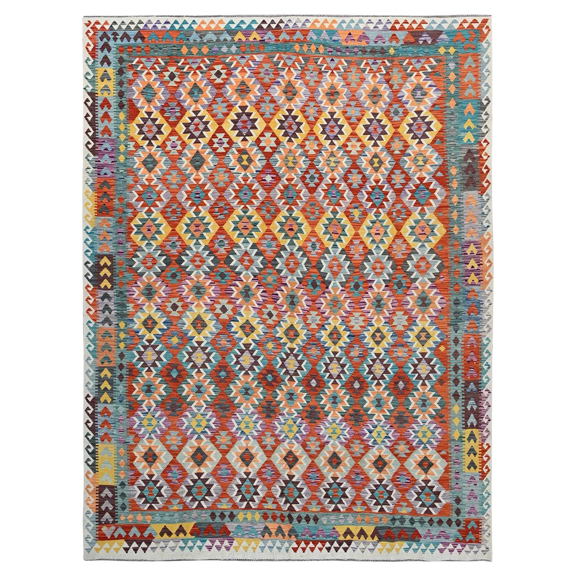 10
x13
Bunter Afghanischer Kilim Geometrisches Muster Handgewebter Flachgewebter Wollteppich