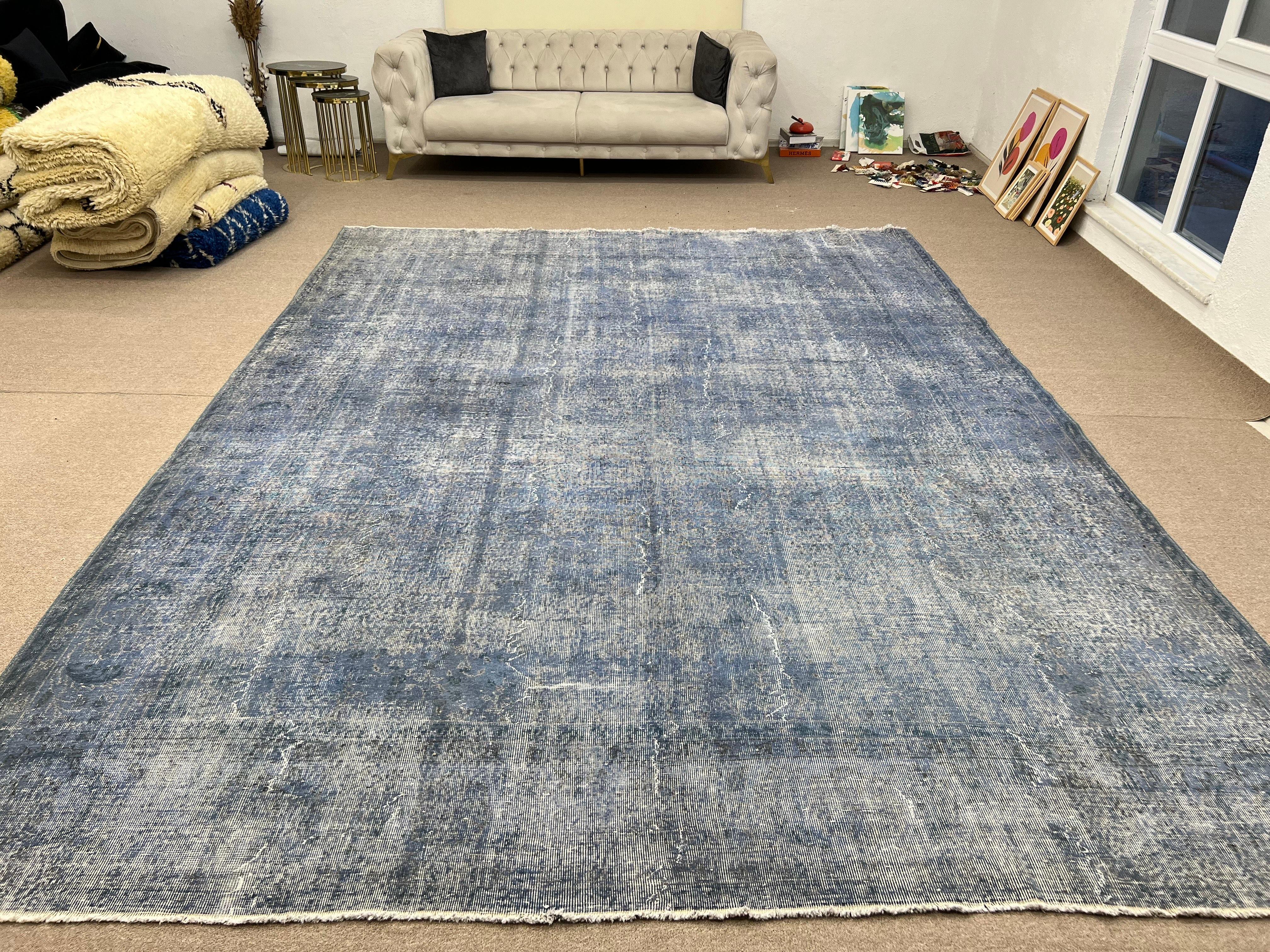 Wool 10x13 Ft Light Blue Handmade Turkish Large Area Rug, Modern Living Room Carpet For Sale