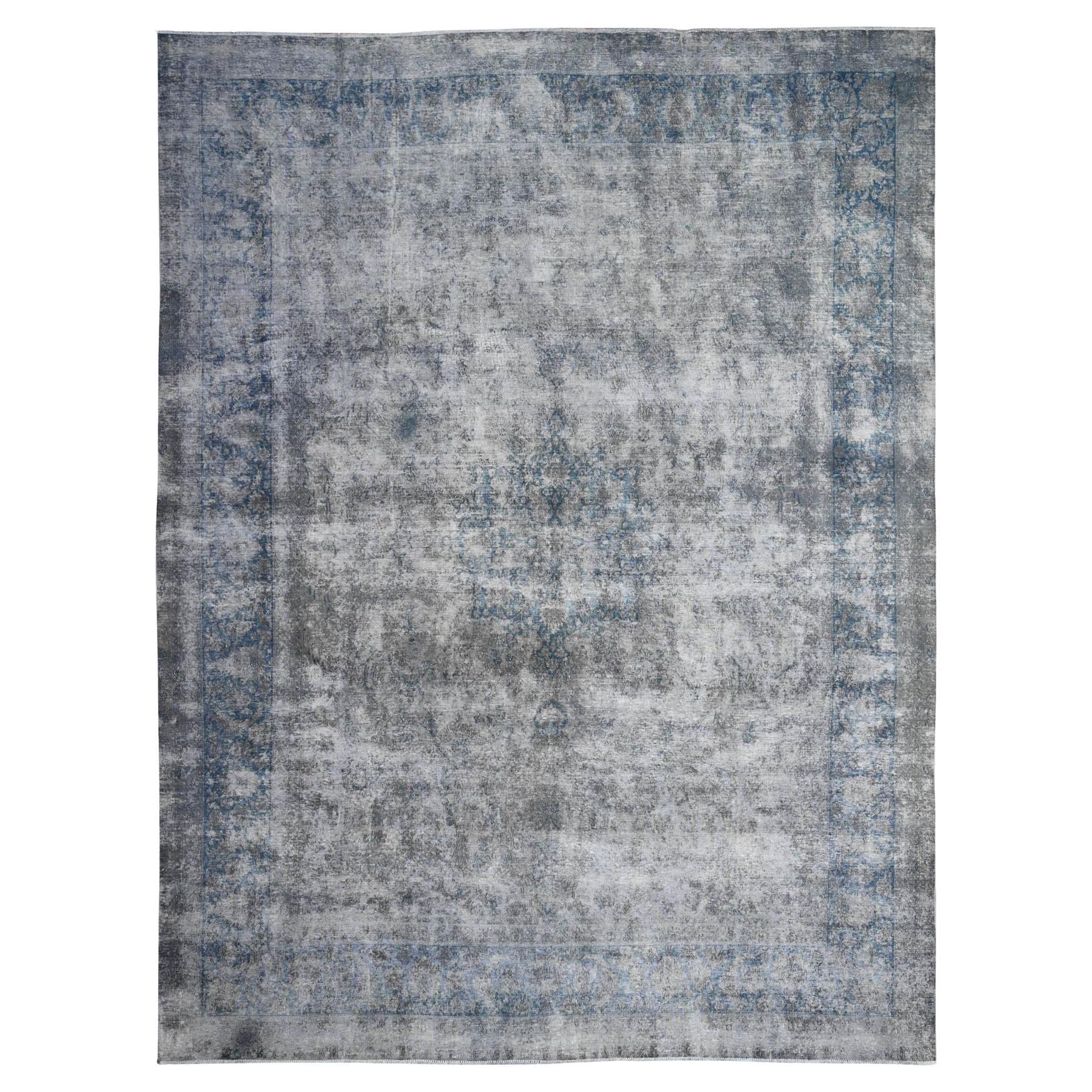 10'x13' Gray Hand Knotted All Wool Pile Overdyed Vintage Persian Kerman Rug