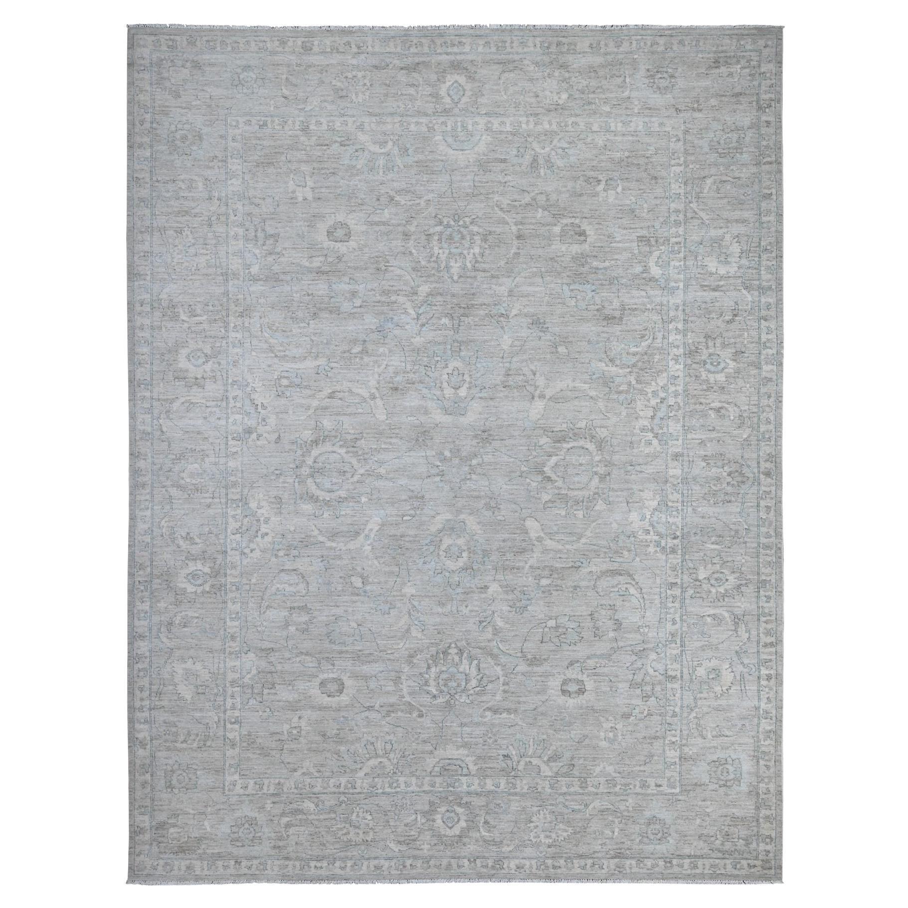 10'x13' Gray Hand Knotted White Wash Fine Peshawar Velvety Wool Oriental Rug