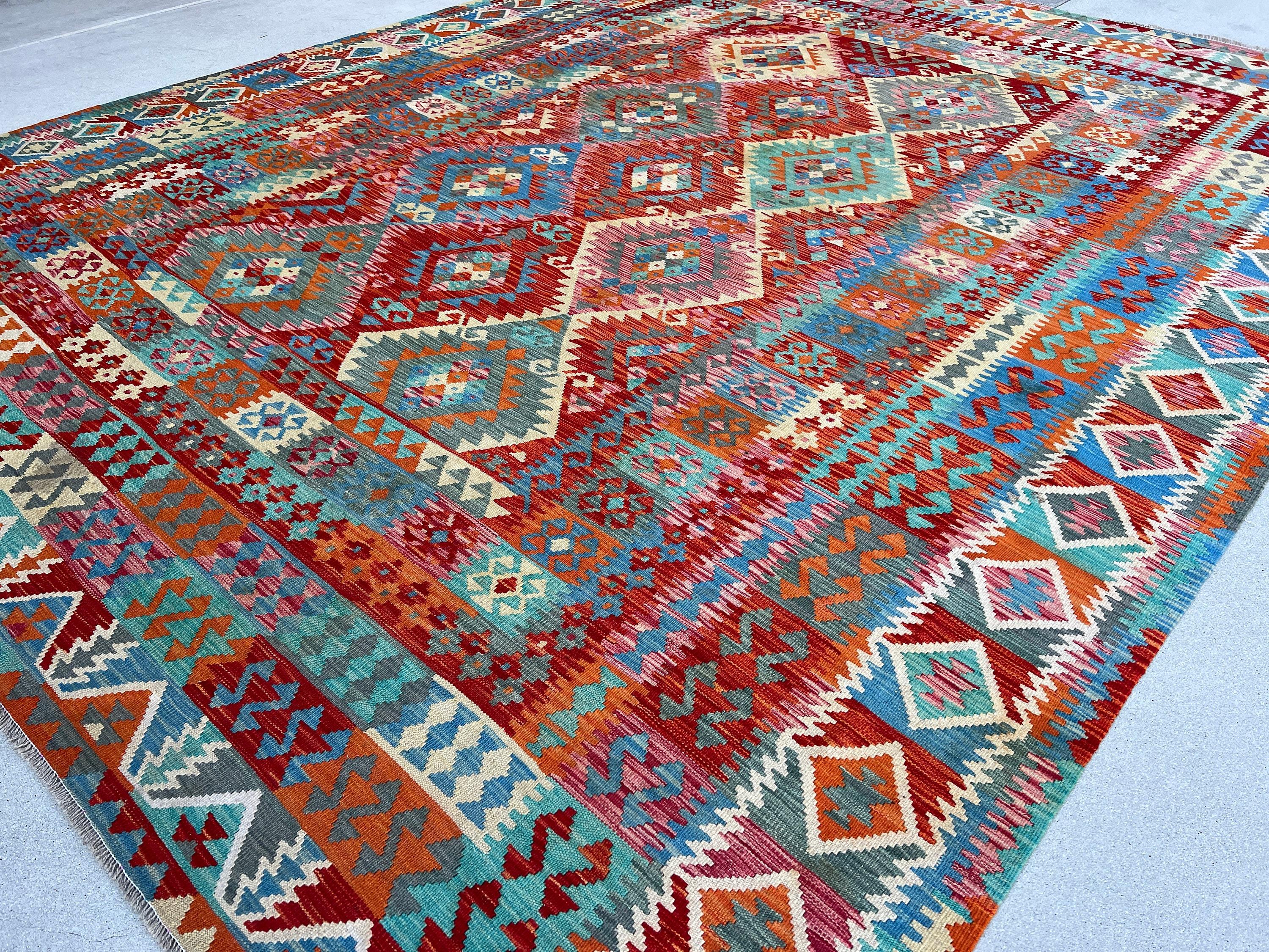 Contemporary 10x13 Hand-Knotted Afghan Kilim Rug Premium Hand-Spun Afghan Wool Fair Trade For Sale