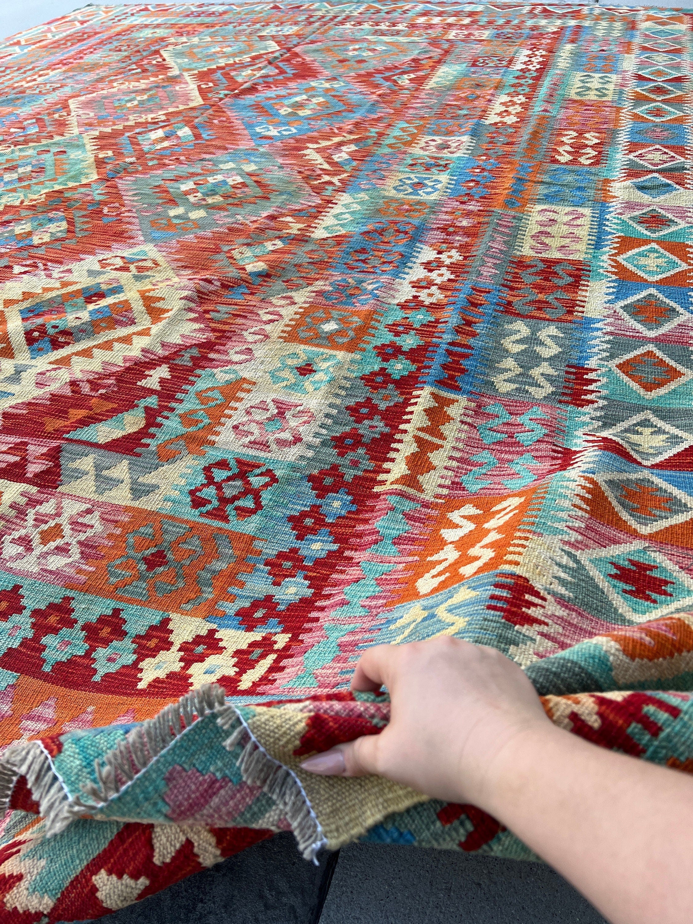 10x13 Hand-Knotted Afghan Kilim Rug Premium Hand-Spun Afghan Wool Fair Trade For Sale 1