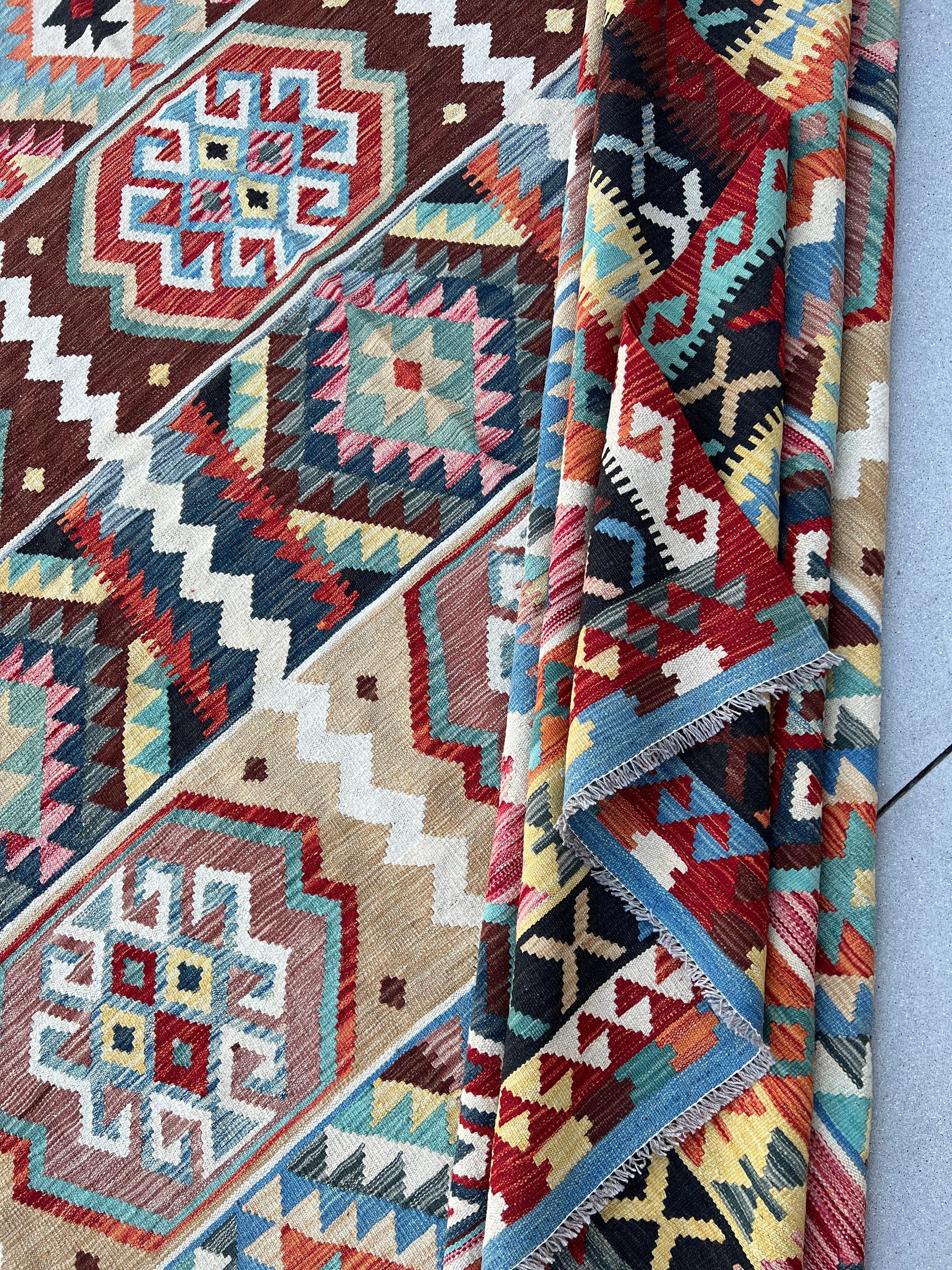10x13 Hand-Knotted Afghan Kilim Rug Premium Hand-Spun Afghan Wool Fair Trade For Sale 2