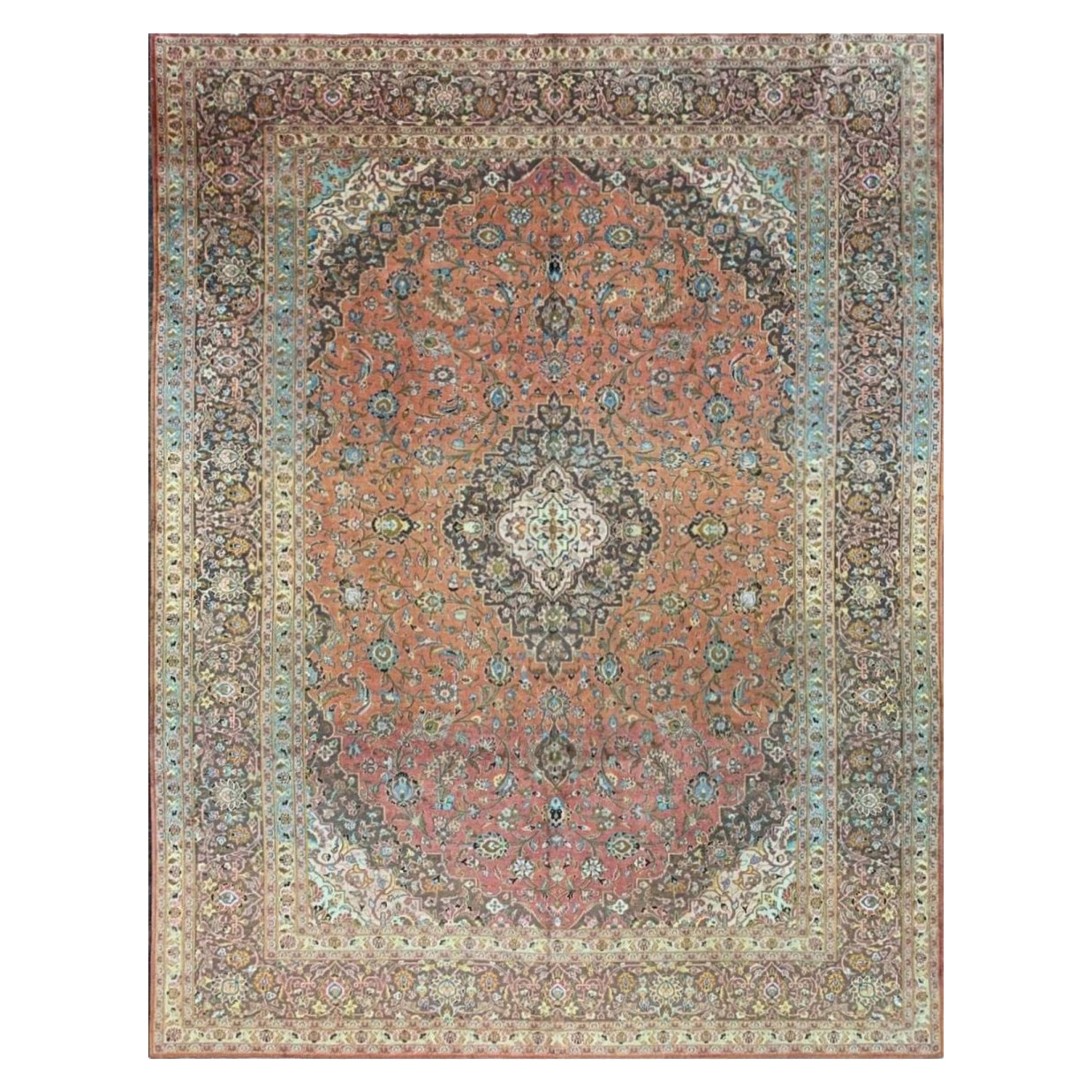 10x13 Hand-Knotted Old Kashan Wool Rug with Medallion Design For Sale