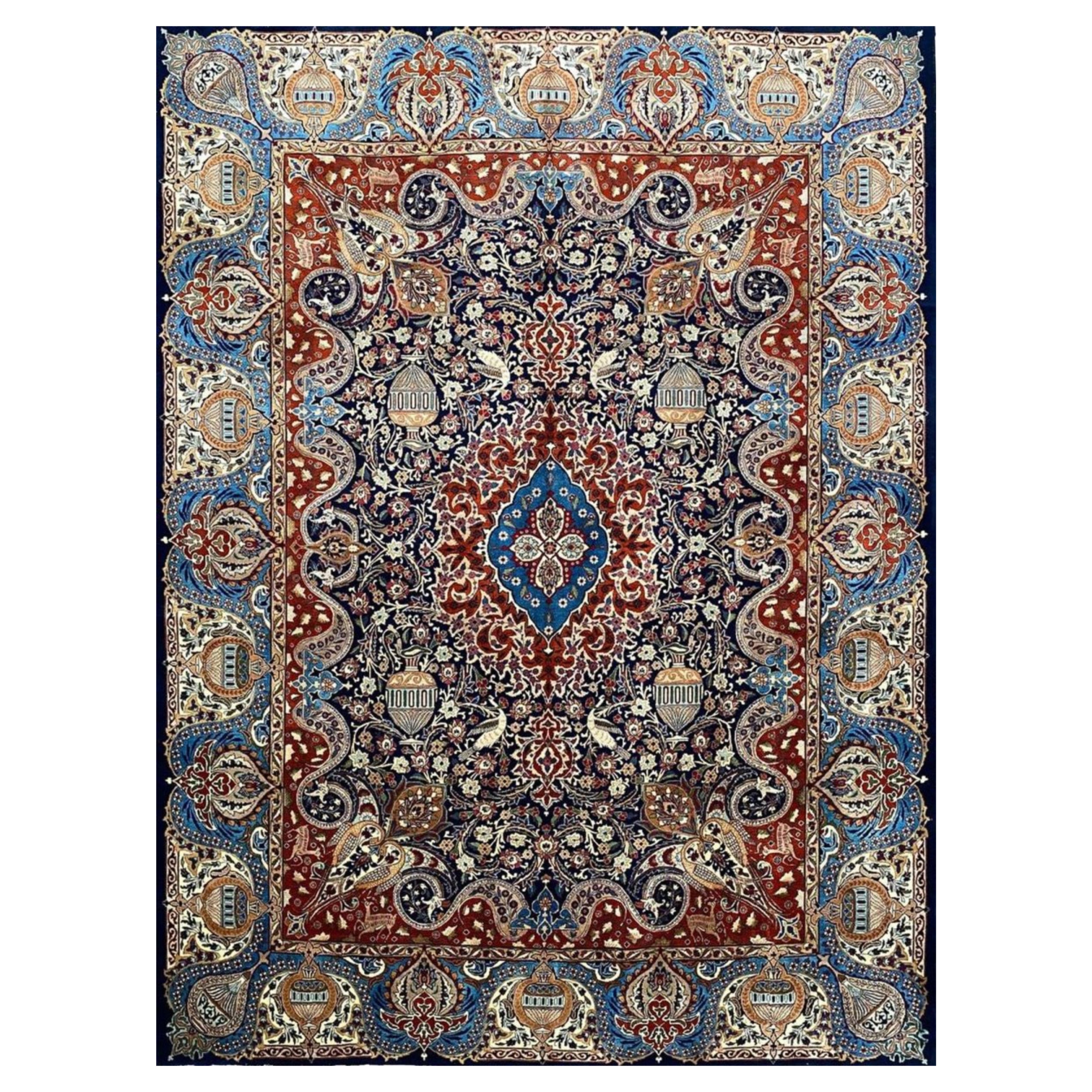10x13 Hand-Knotted Old Kashmar Wool Area Rug with Floral Medallion For Sale