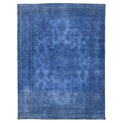 10x13 Vintage Overdyed Persian Wool Rug - Electric Blue Medallion Hand-Knotted