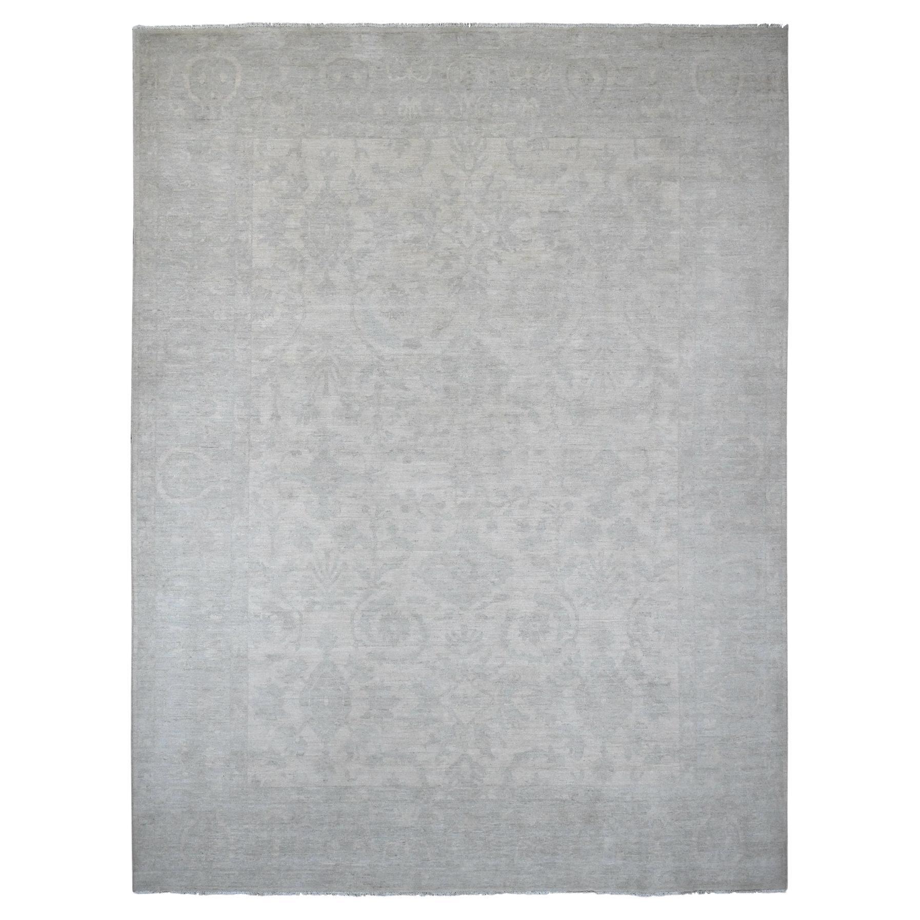 10'x13' Weißer Stone Washed Peshawar All Over Pattern Handgeknüpfter Teppich aus reiner Wolle