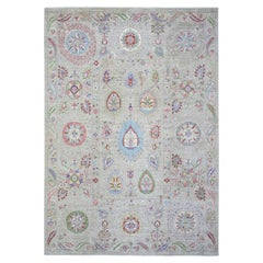 10'x13'10" Beige Laine Douce Nouée à la Main Fine Peshawar Suzani Design Tapis d'Orient