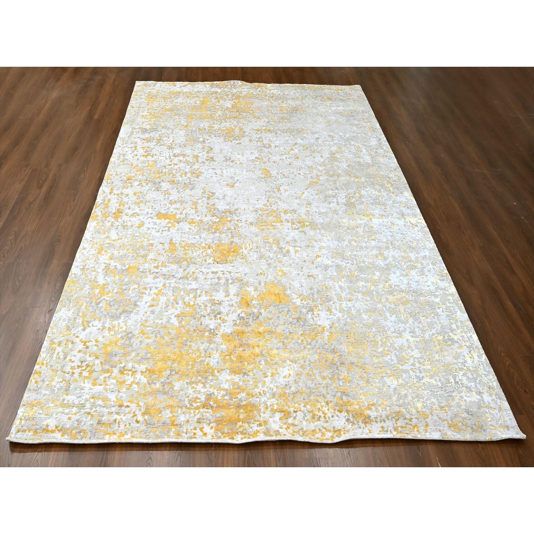Beige with Gold, Abstract Design, Wool and Silk, Densely Woven, Hi-Low Pile, Hand Knotted, Oriental Rug
Primary materials: Wool & Silk
Latex: No Pile 
height: 0.25 Inches
Syle: Contemporary
Primary color: Beige
Secondary colors: Yellow,