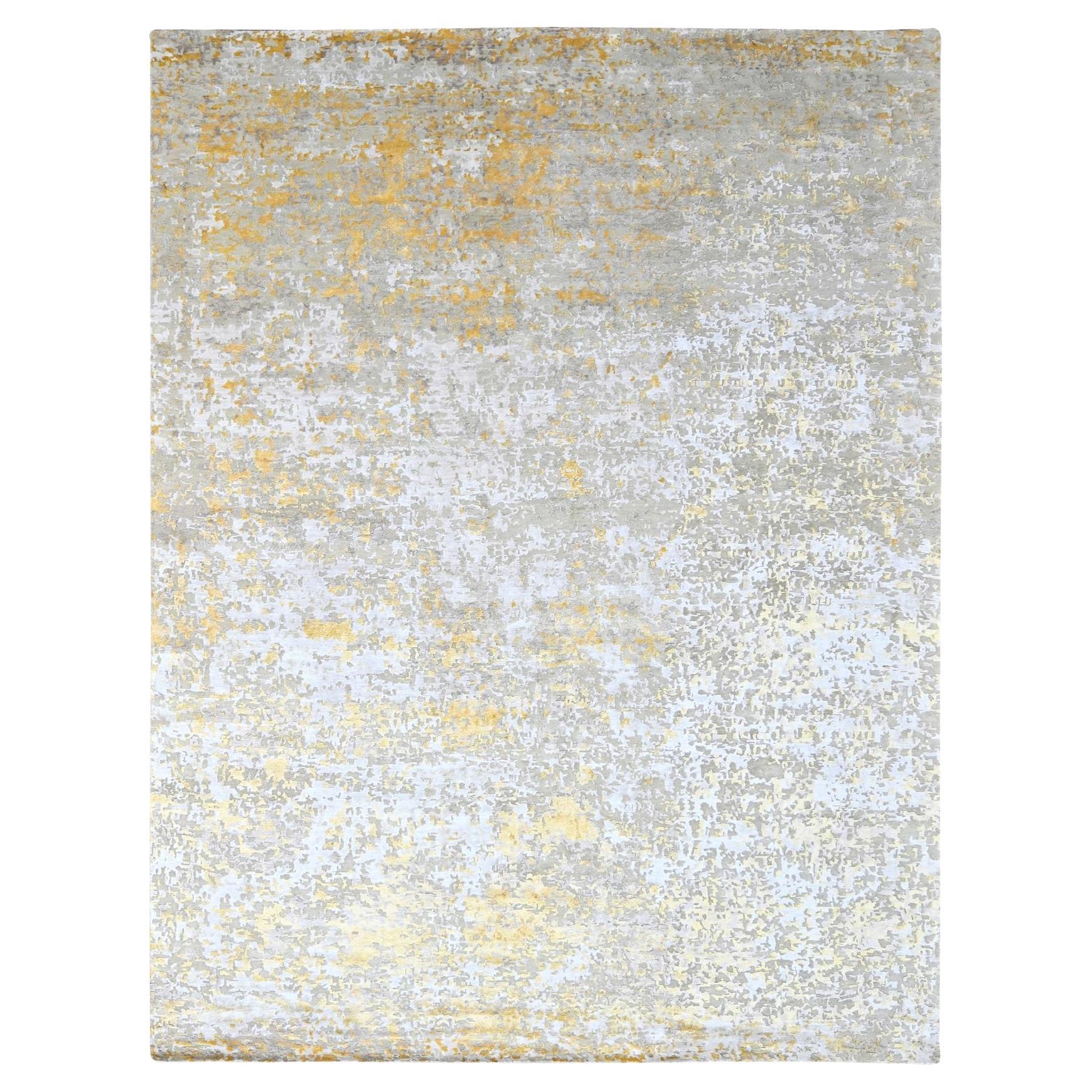 10'x13'10" Beige with Gold Abstract Design Wool and Silk Hand Knotted Rug For Sale