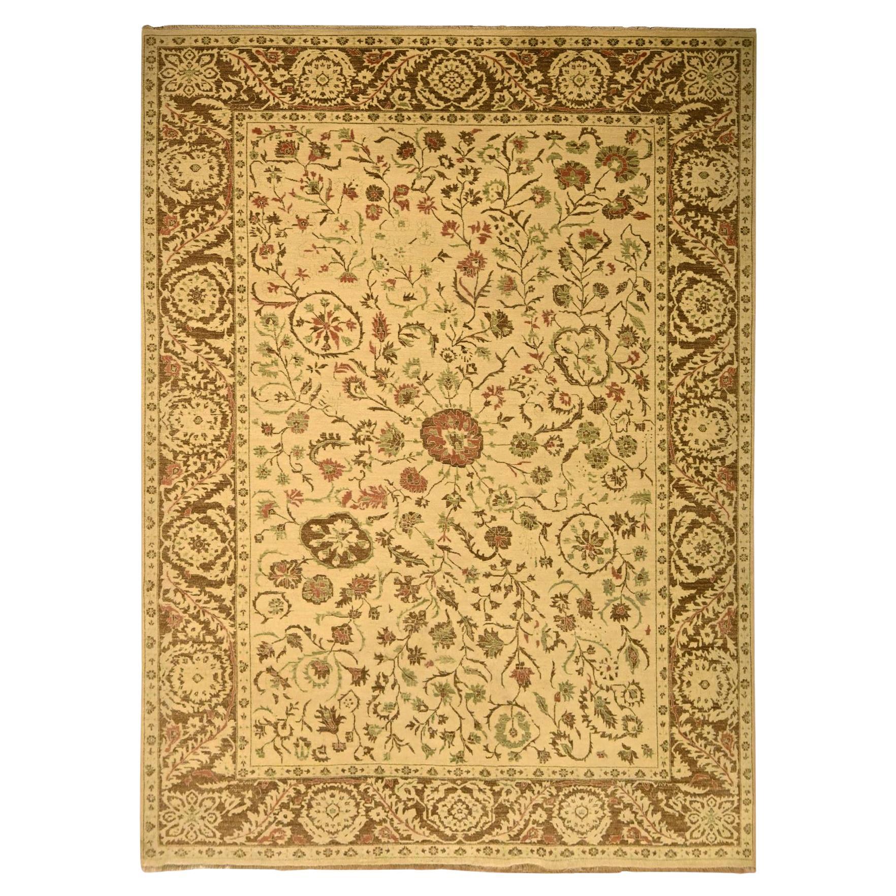 10'x13'10" Biscotti Brown Agra Leaf Design Zero Pile Wool Hand Knotted Rug For Sale