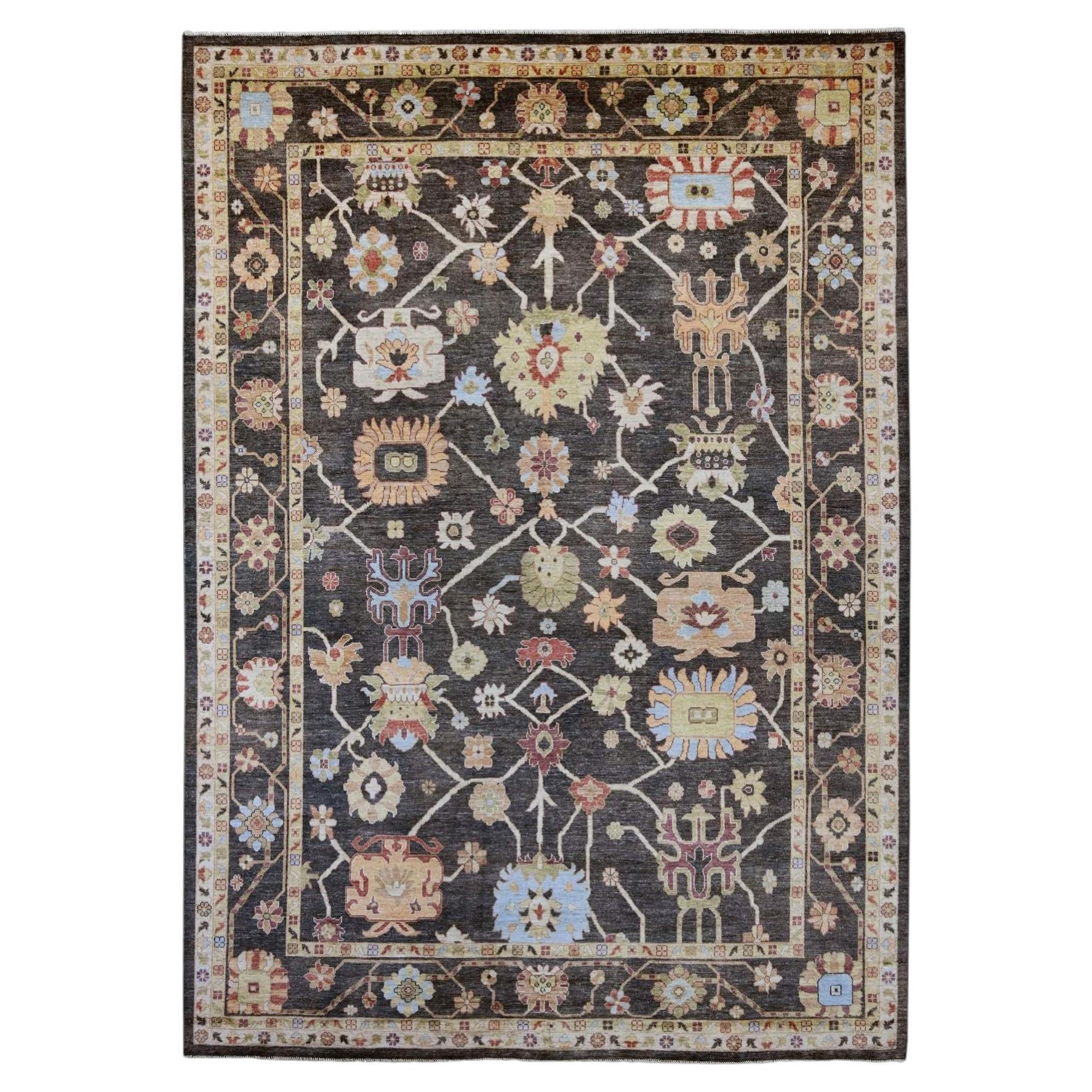 10'x13'10" Black Angora Oushak with Leaf Design Hand Knotted Wool Oriental Rug For Sale