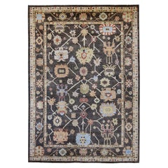 Tappeto orientale in lana annodata a mano 10'x13'10" Angora Oushak nero con design a foglie