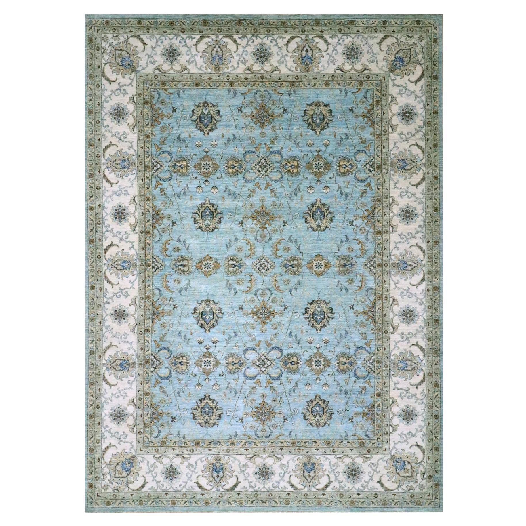 10'x13'10" Blue Hand Knotted Agra Shah Abbas Flower Vines Design Pure Wool Rug