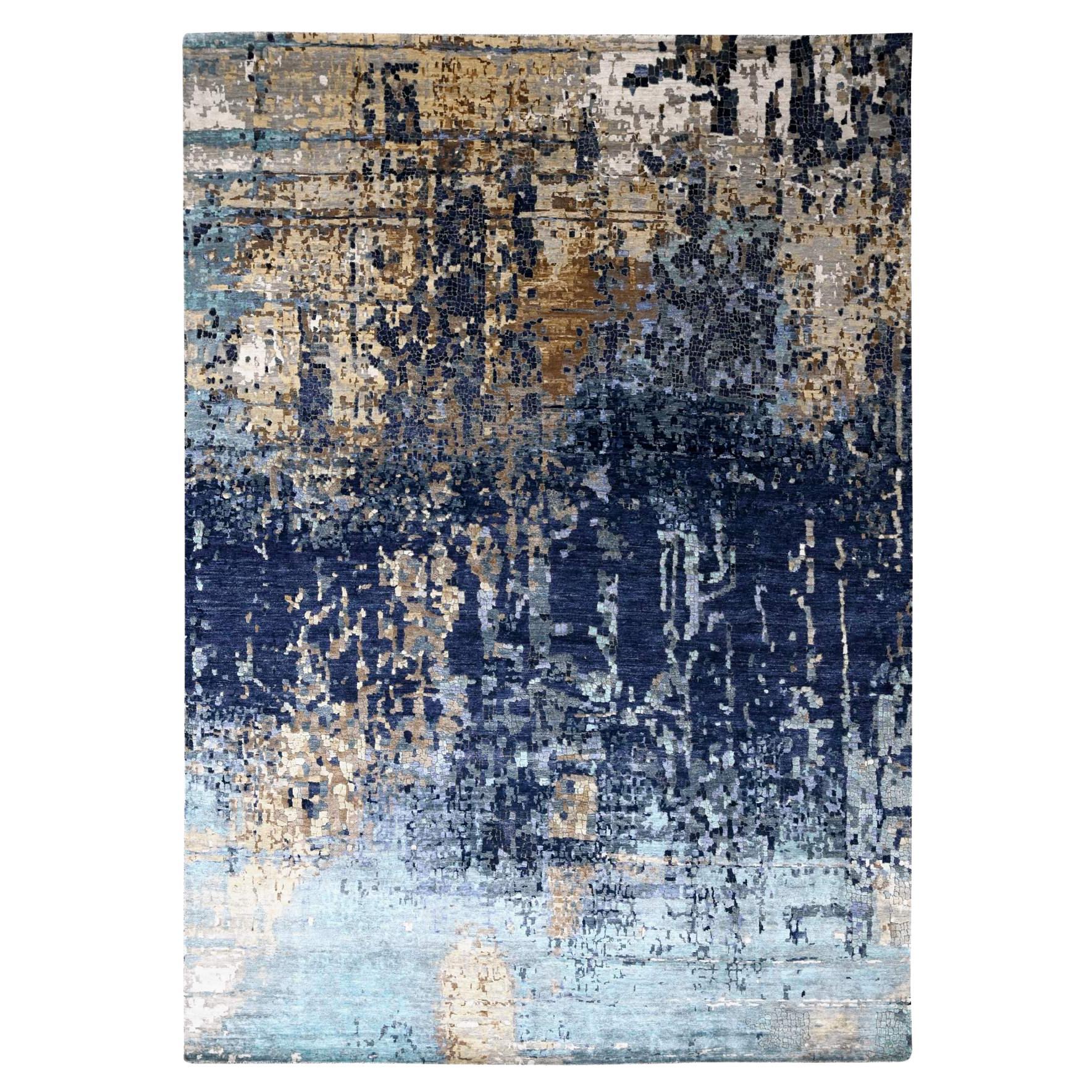 Tappeto in lana e seta annodato a mano 10
x13
10" blu e oro con design a mosaico moderno