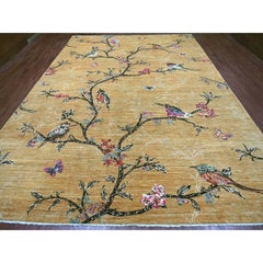 10'x13'10" Copper Brown Sparrows on the Tree Peshawar Hand Knotted Pure Wool Rug