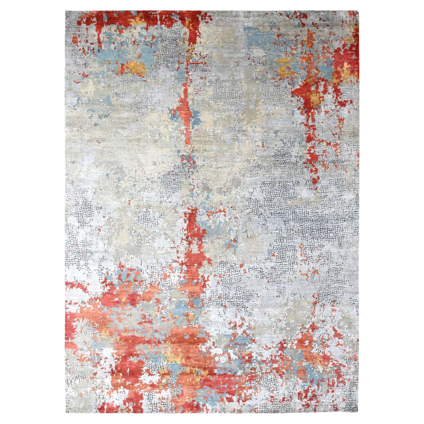 10'x13'10" Coral & Gray Fire Mosaic Design Wool and Silk Hand Knotted Rug