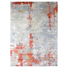10'x13'10" Coral & Gray Fire Mosaic Design Wool and Silk Hand Knotted Rug