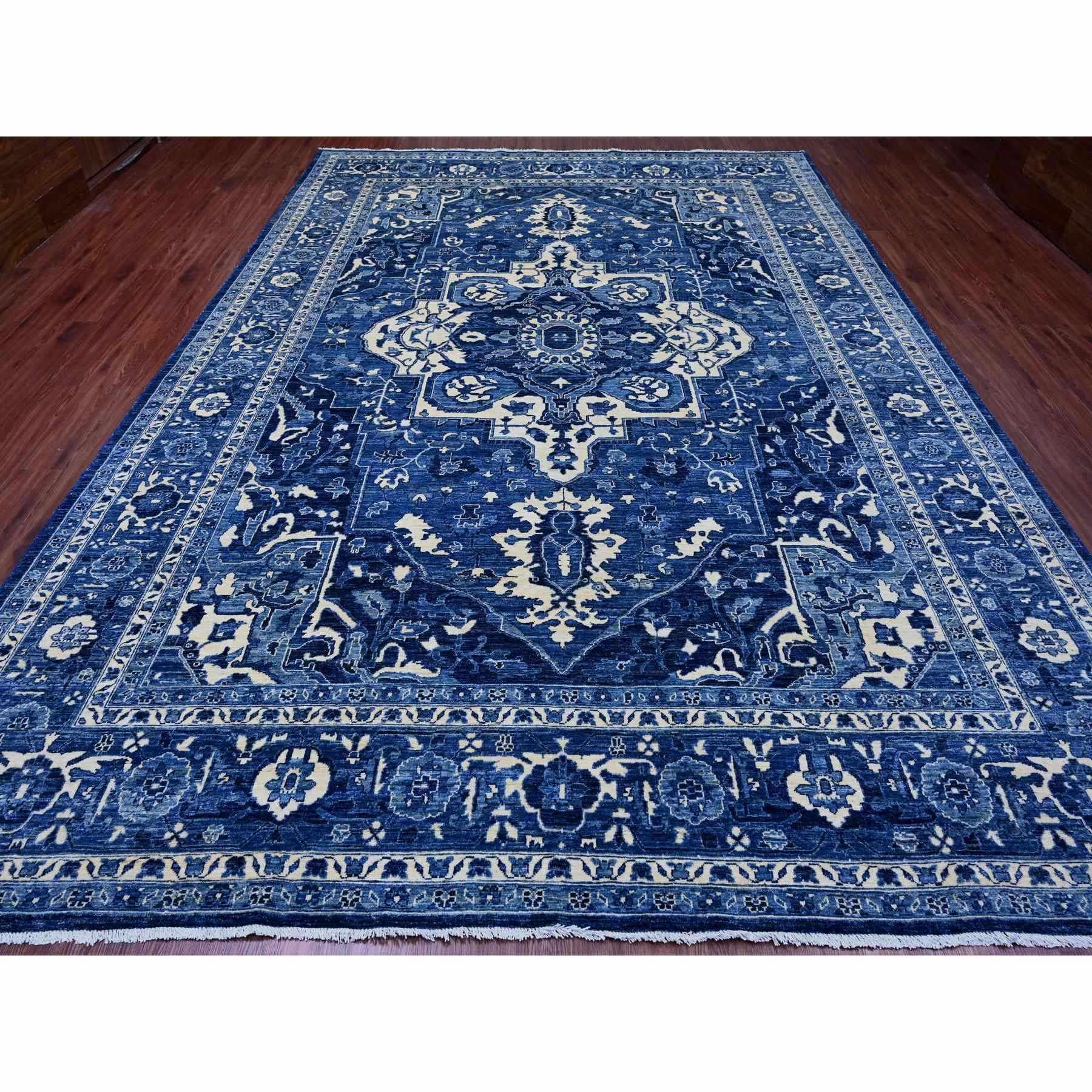 Denim Blue, Peshawar Serapi Heriz Revival, High Mountain Ghazni Wool, Hand Knotted, Soft Pile, Denser Weave, Oriental Rug
Primary materials: Wool
Latex: No Pile 
height: 0.25 Inches
Style: Traditional
Primary color: Blue
Secondary colors: