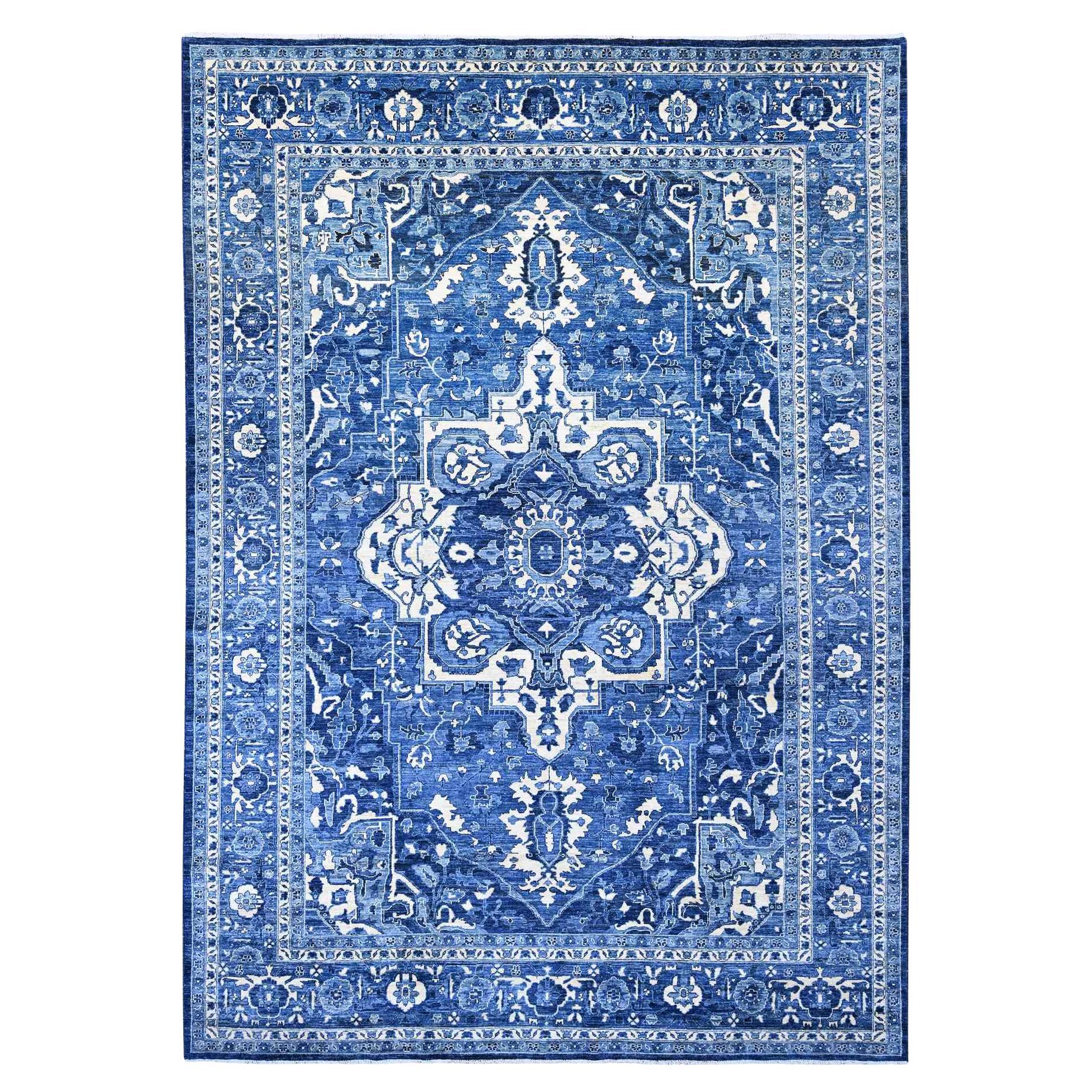 10'x13'10" Denim Blue Peshawar Serapi Heriz Revival Ghazni Wool Hand Knotted Rug