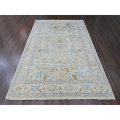 10'x13'10" Green Oushak with Floral Motifs Hand Knotted Pure Wool Oriental Rug