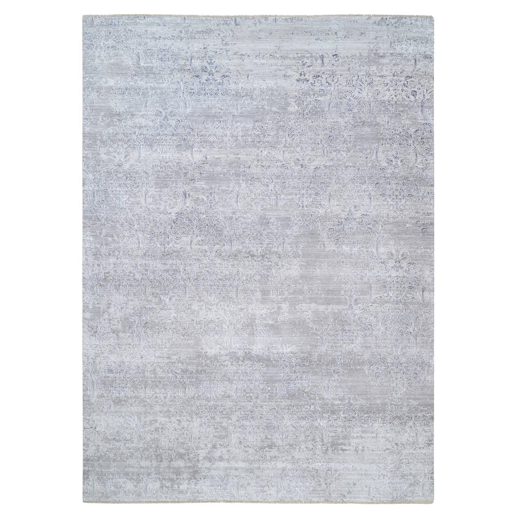 10'x13'10" Elfenbein, handgeknüpftes Damast-Design, Wolle und Seide auf Pflanzenbasis Teppich