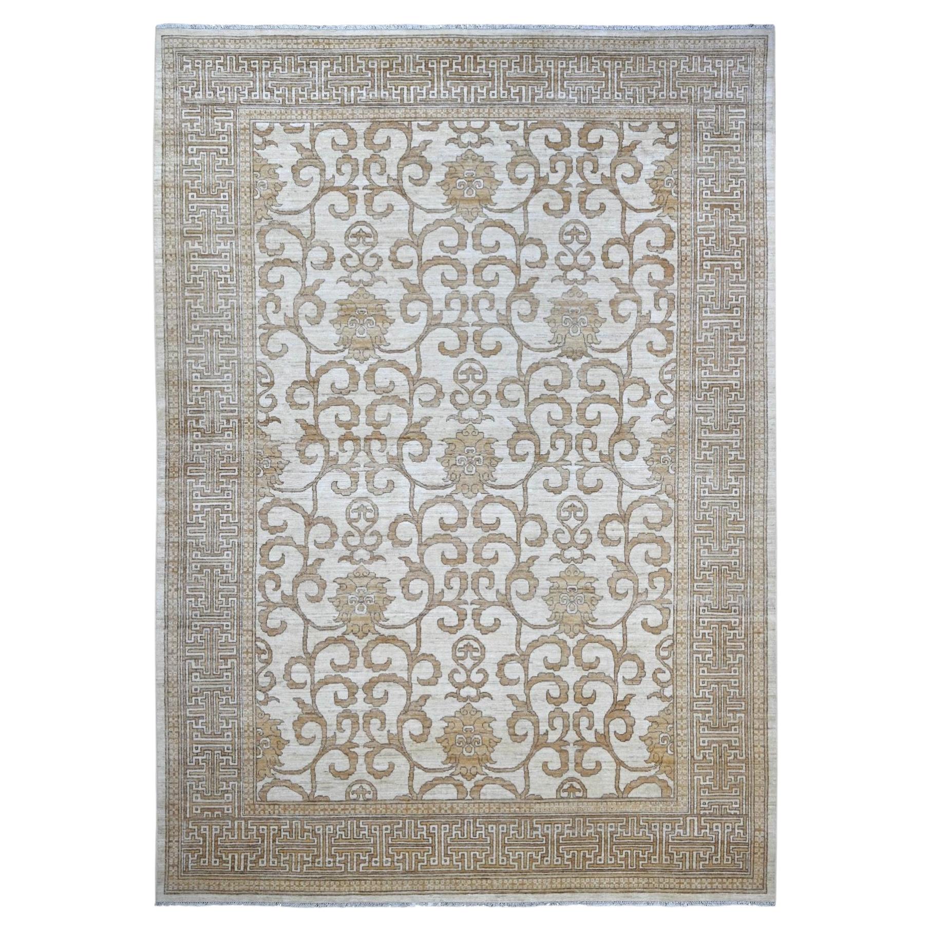 10'x13'10" Ivory Hand Knotted Khotan and Samarkand Inspired Design Pure Wool Rug