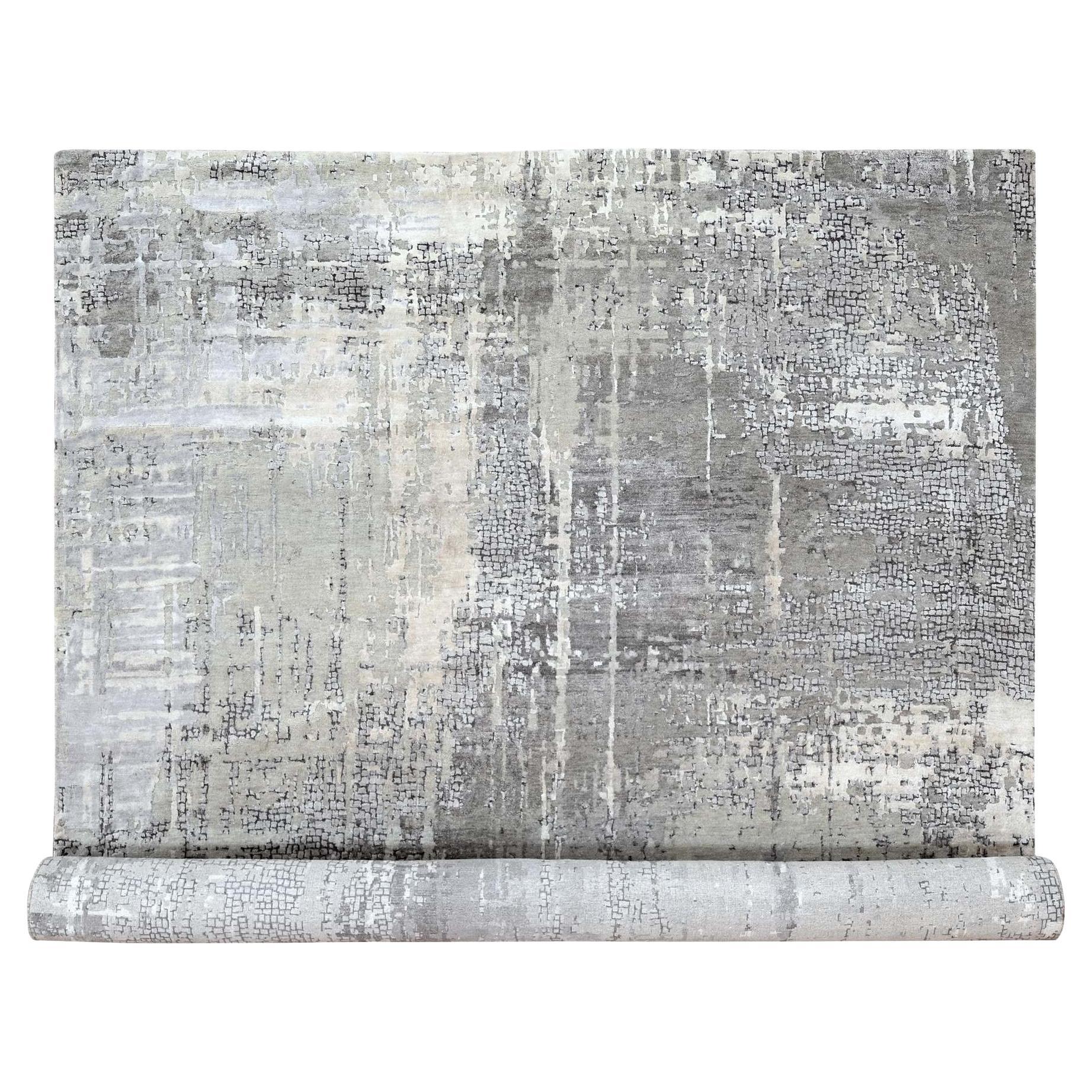 10'x13'10" Medium Gray Abstract with Mosaic Design Wool & Silk Hand Knotted Rug