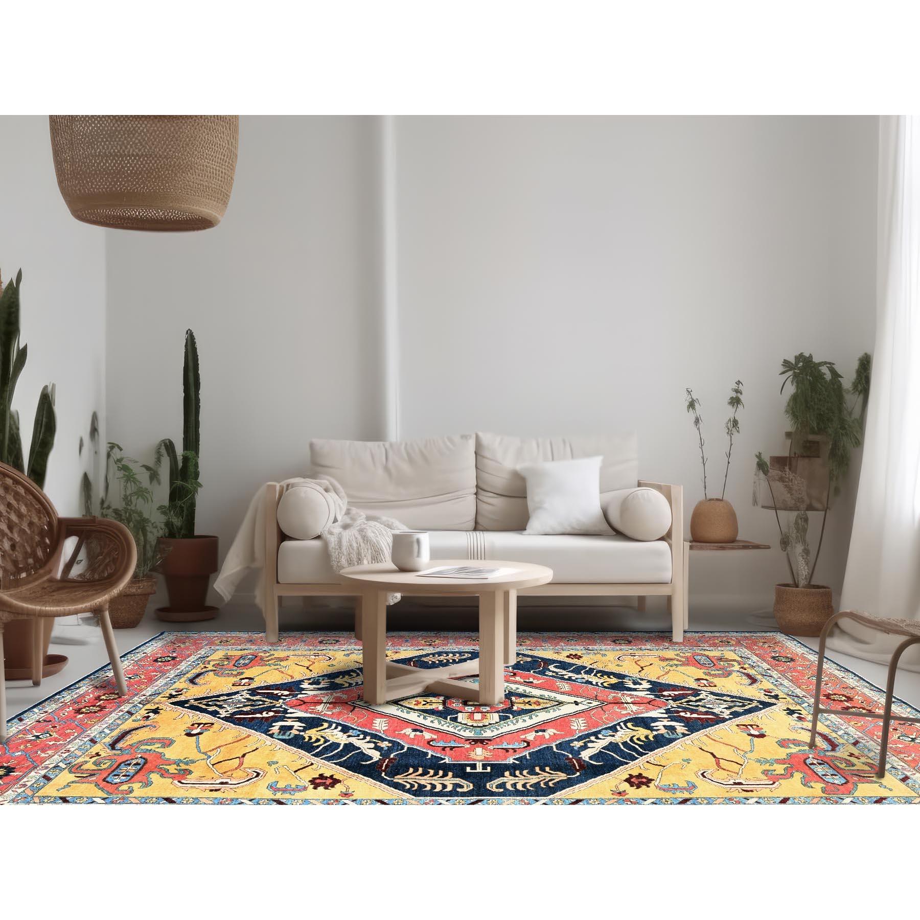 Mitternachtsblau mit Gelb, afghanischer Peshawar mit Serapi Heriz Design, dicht gewebt, pflanzlich gefärbt, handgeknüpft, reine Wolle, Orientteppich
Primäre MATERIALIEN: Wolle
Latex: Kein Flor 
Höhe: 0,25 Zoll
Stil: Traditionell
Grundfarbe: