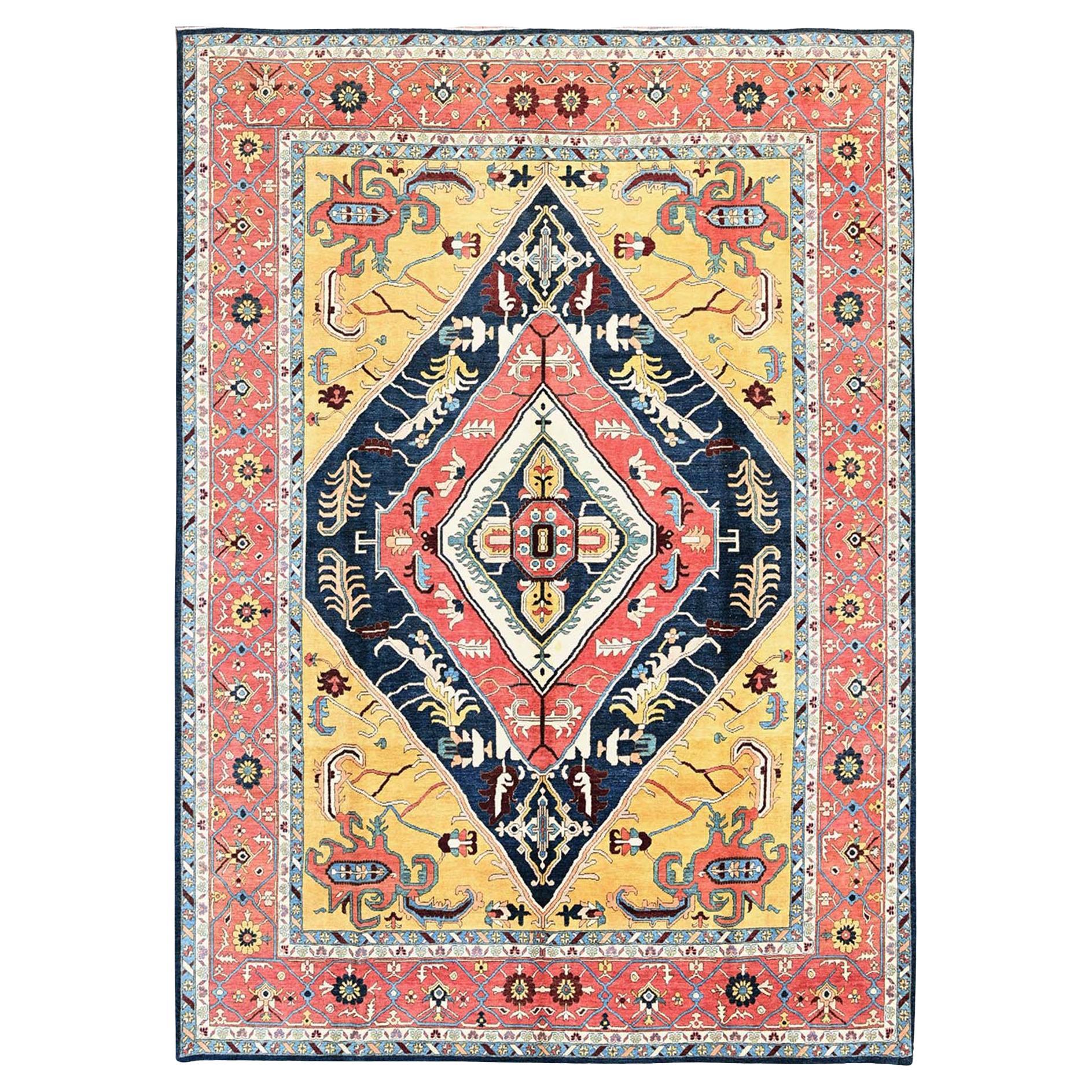 10'x13'10" Mitternachtsblau mit Gelb Serapi Heriz Design Handgeknüpfter Wollteppich im Angebot