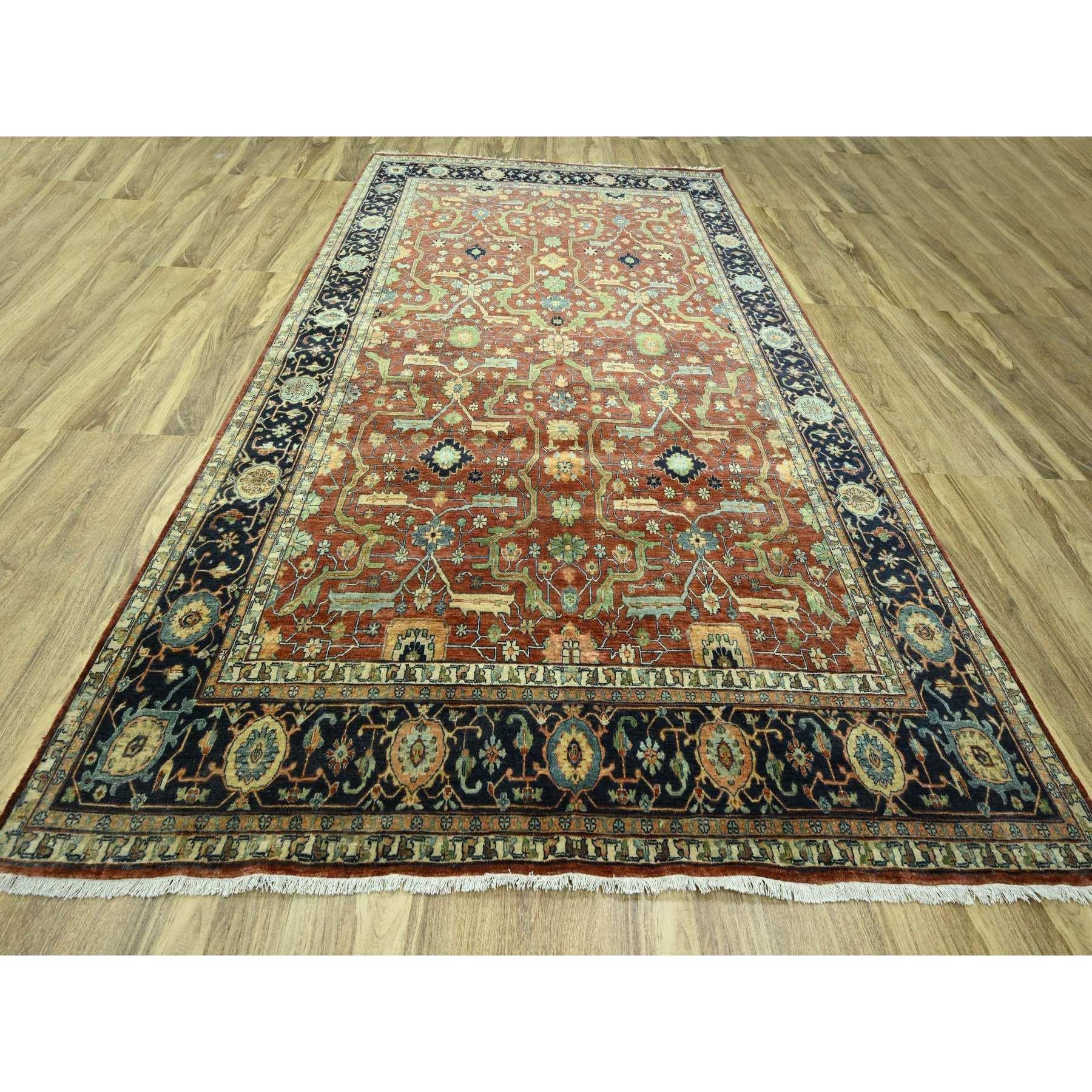 Rust Red, Heriz All Over Design, Soft Pile, Natural Dyes, Hand Knotted, Hand Spun New Zealand Wool, Oriental Rug
Primary materials: Wool
Latex: No Pile 
height: 0.25 Inches
Style: Traditional
Primary color: Red
Secondary colors: Green, Light Blue,