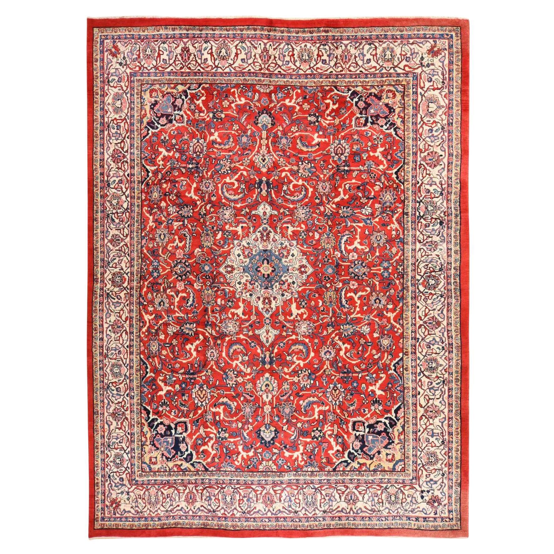 10'x13'10" Rouge écarlate Semi-Antique Persan Sarouk Mahal Tapis de laine noué à la main