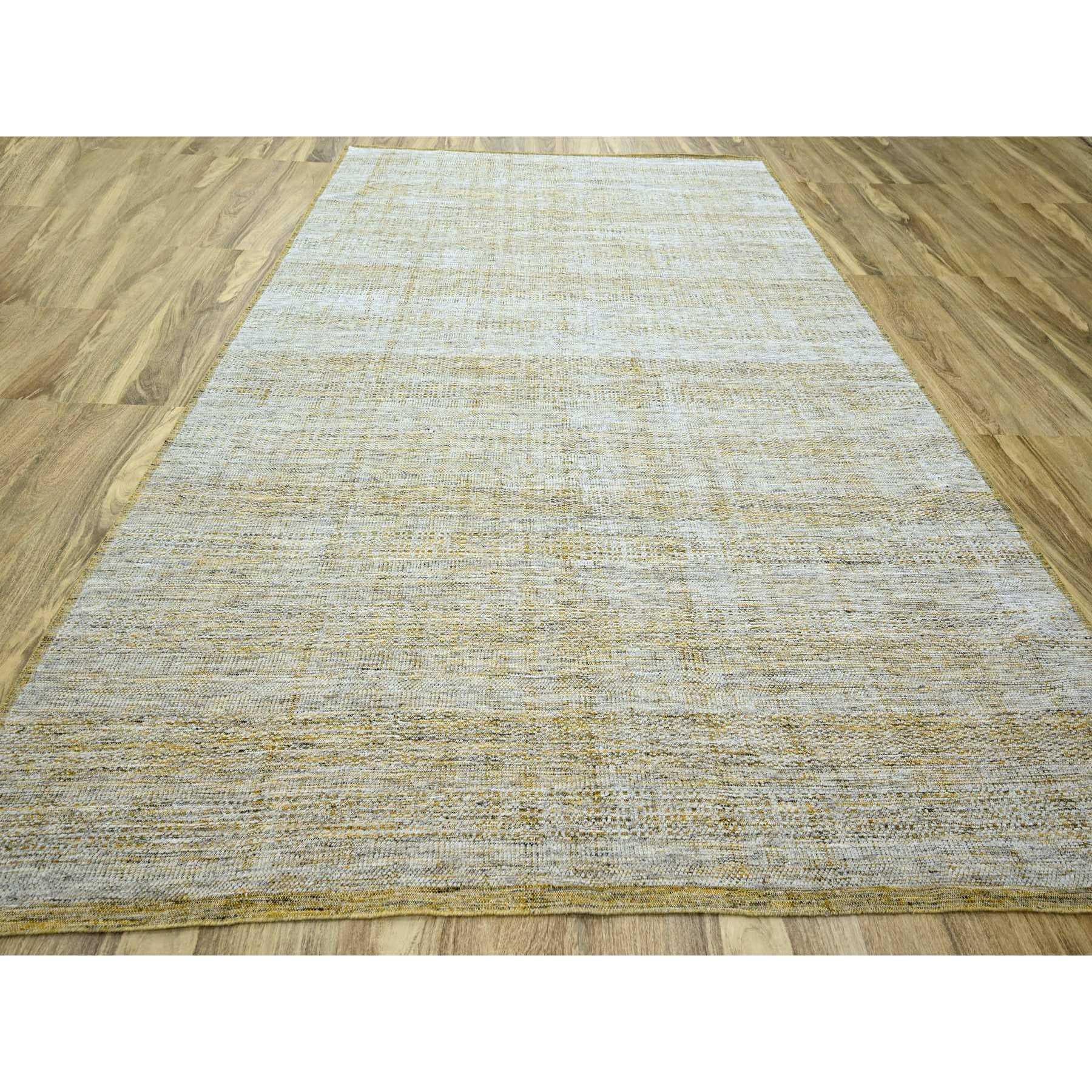 Mustard Yellow, Oxidized and Distressed Grass Design with Exposed Warps, Hand Knotted, Pure Wool, Oriental Rug
Primary materials: Wool
Latex: No Pile 
height: 0.25 Inches
Style: Contemporary
Primary color: Yellow
Secondary colors: Gray,
